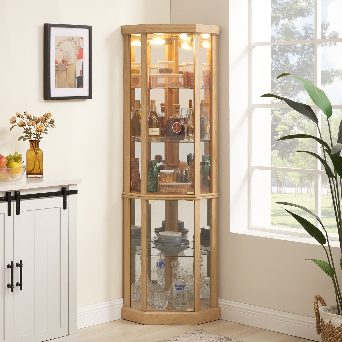 Curio Cabinets, HSUNNS 70-inch Corner Glass Display Cabinet with Adjustable Shelves & Lights - Perfect for Antique Collections, Displaying Photos, Artworks