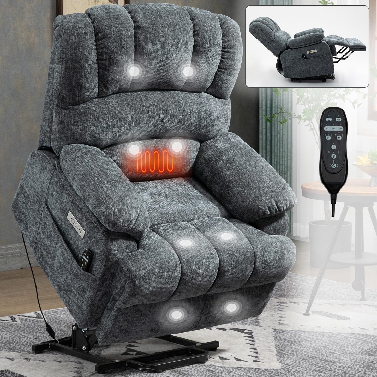 Power Lift Recliner Chair with Vibration Massage and Heating, Oversized Elderly Sofa Home Theater Seating Single Recliner Sofa with USB Charge Port, Living Room Bedroom Armrest Chair, Beige
