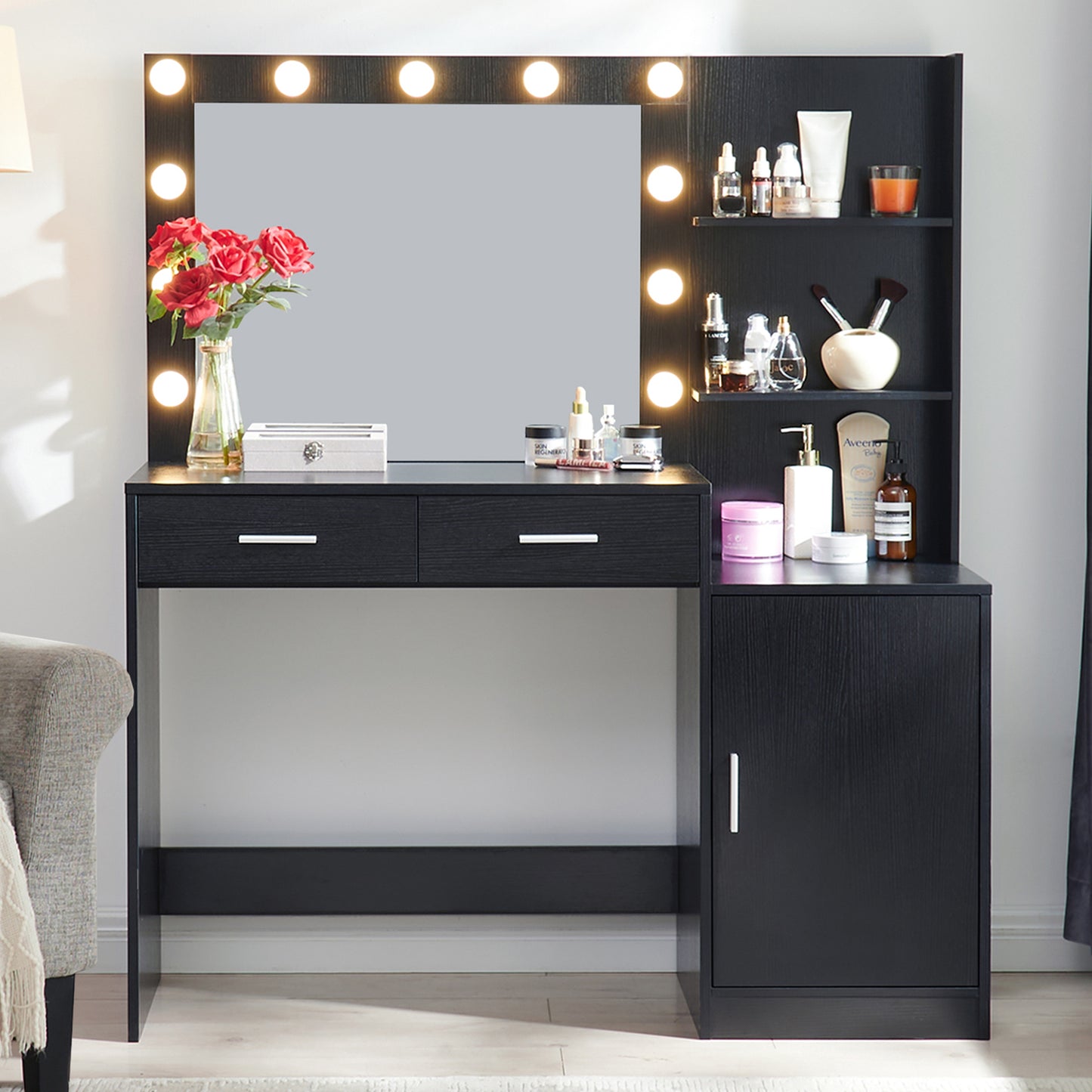 HSUNNS Vanity Desk with 11 LED Lights with Mirror, Modern Makeup Vanity with 2 Storage Drawers and Storage Cabinet of Doors, Makeup Desk with Shelves, Makeup Table, Makeup Vanity Desk, Rose Pink