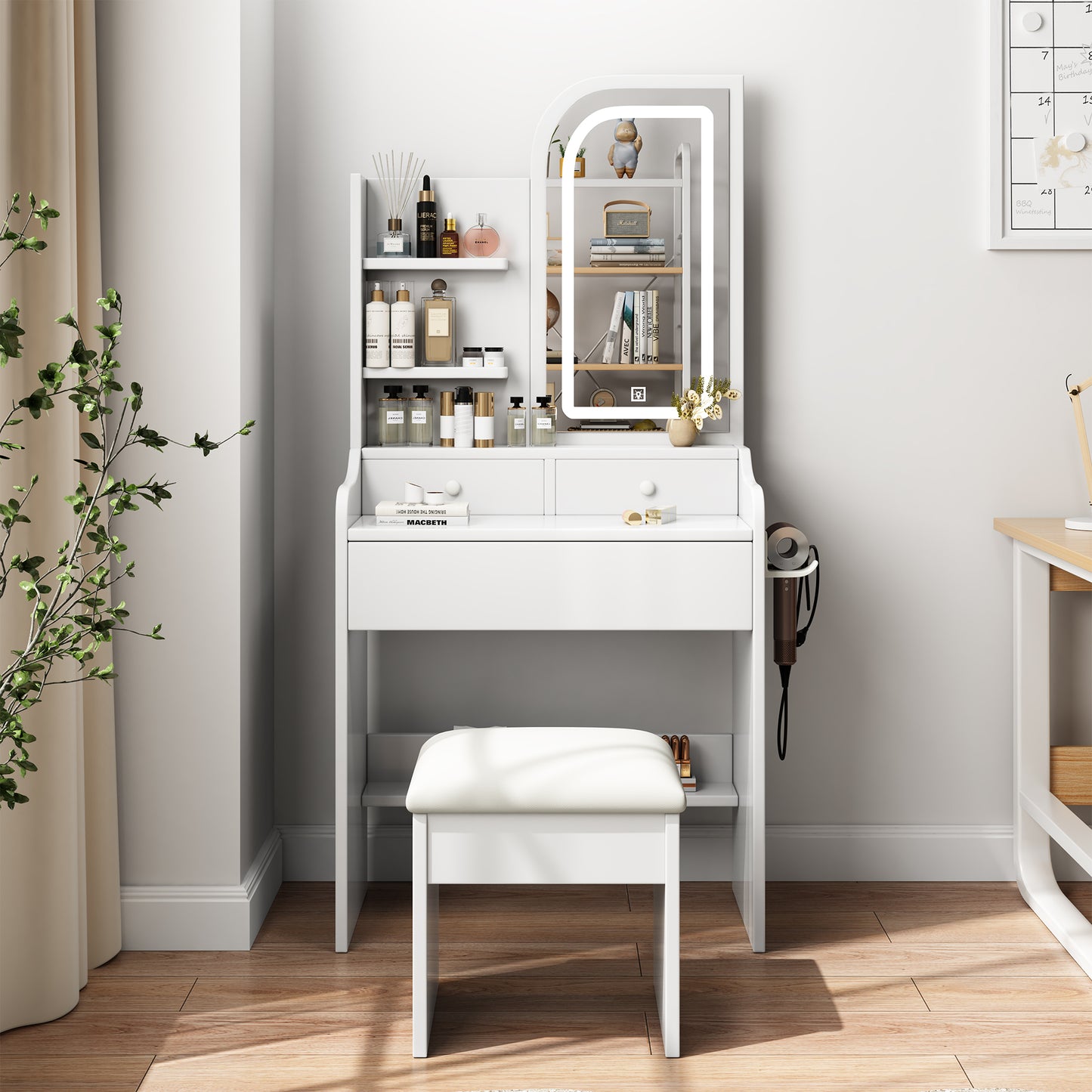 HSUNNS Vanity Set with Lighted Mirror, Modern 3 Drawers Makeup Dressing Desk, Vanity Table Desk with Storage, Bedroom Vanities Set for Girls and Women, White