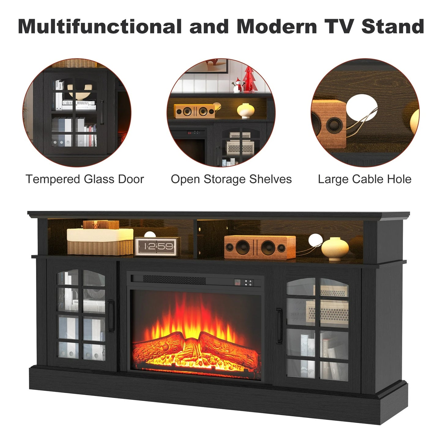 SYNGAR Fireplace Electric TV Stand for 65" TV with LED Light, Modern Entertainment Center With Remote Control Virtual Flame Fireplace, 2 Cabinet Storage, Glass Door, Storage Shelves, Black+Brown