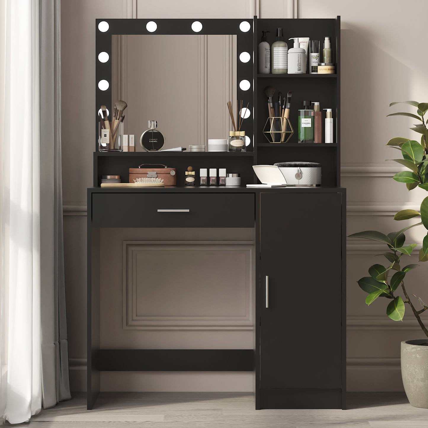 HSUNNS Vanity Desk with Mirror and 12 LED Lights, Contemporary Makeup Desk for Bedroom with Wide Desktop, Storage Cabinet with Doors, Storage Shelves, Wood Vanity Table for Girls and Women, Pink
