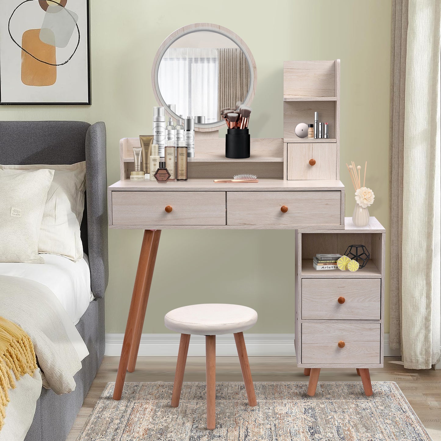 Vanity Table with Large Round Mirror, Modern 5 Drawers Makeup Dressing Desk with Cushion Stool and Open Storage Shelves, Makeup Vanity Desk with Mirror and Lights, Bedroom Vanities Set, White Oak