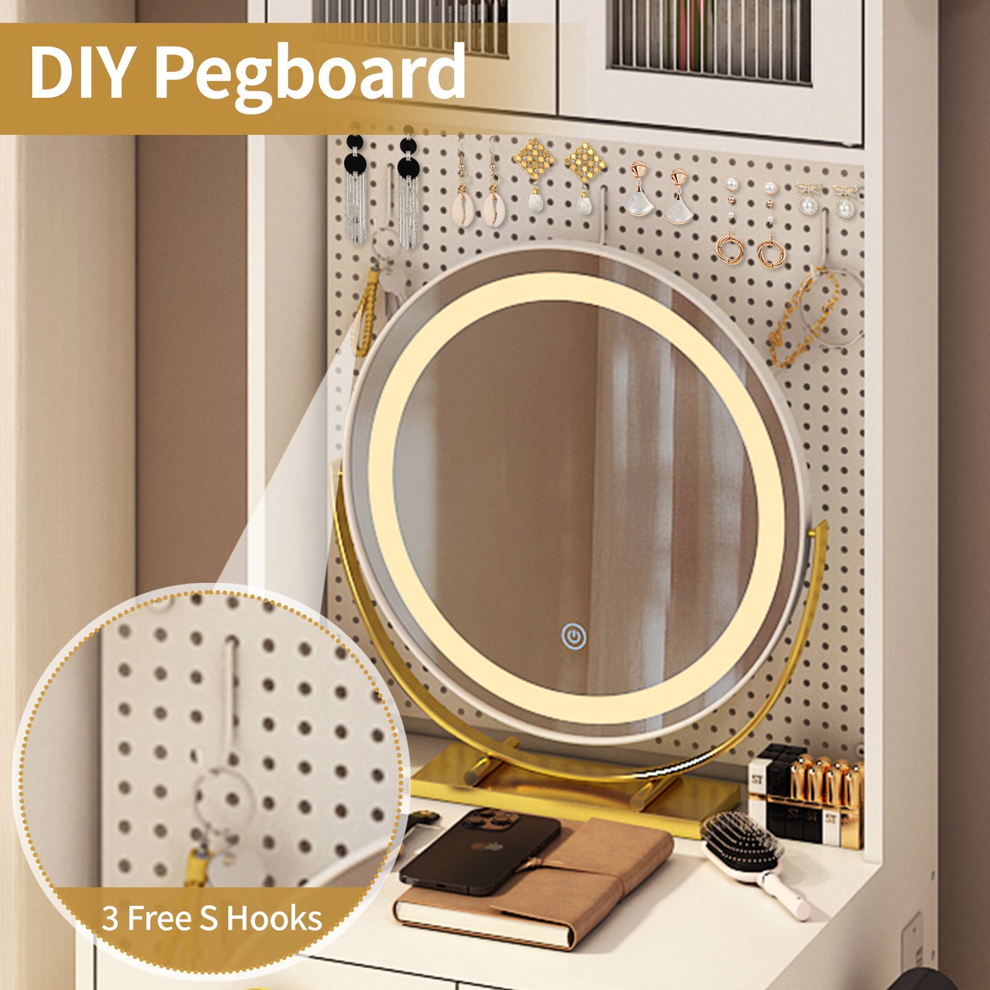 HSUNNS Small Vanity Desk with Round Mirror and LED Light, Modern Makeup Desk with Drawers, Upholstered Stool with Drawers, Charging Station, 3 Hooks, Storage Shelves,Hair Dryer Rack, White