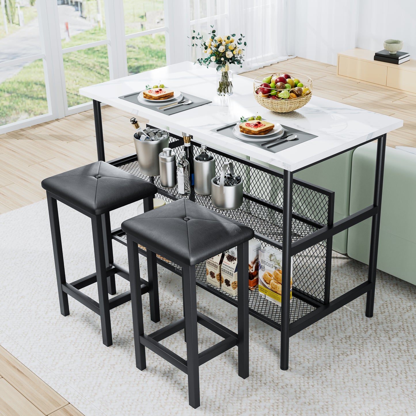 Kitchen Island Set With 2 Seating, HSUNNS Wood Dining Table Set with Storage Shelf, 47x24in Stationary Kitchen Island and Stools Set Wood Butcher Block Prep Table Set for Small Space, Brown