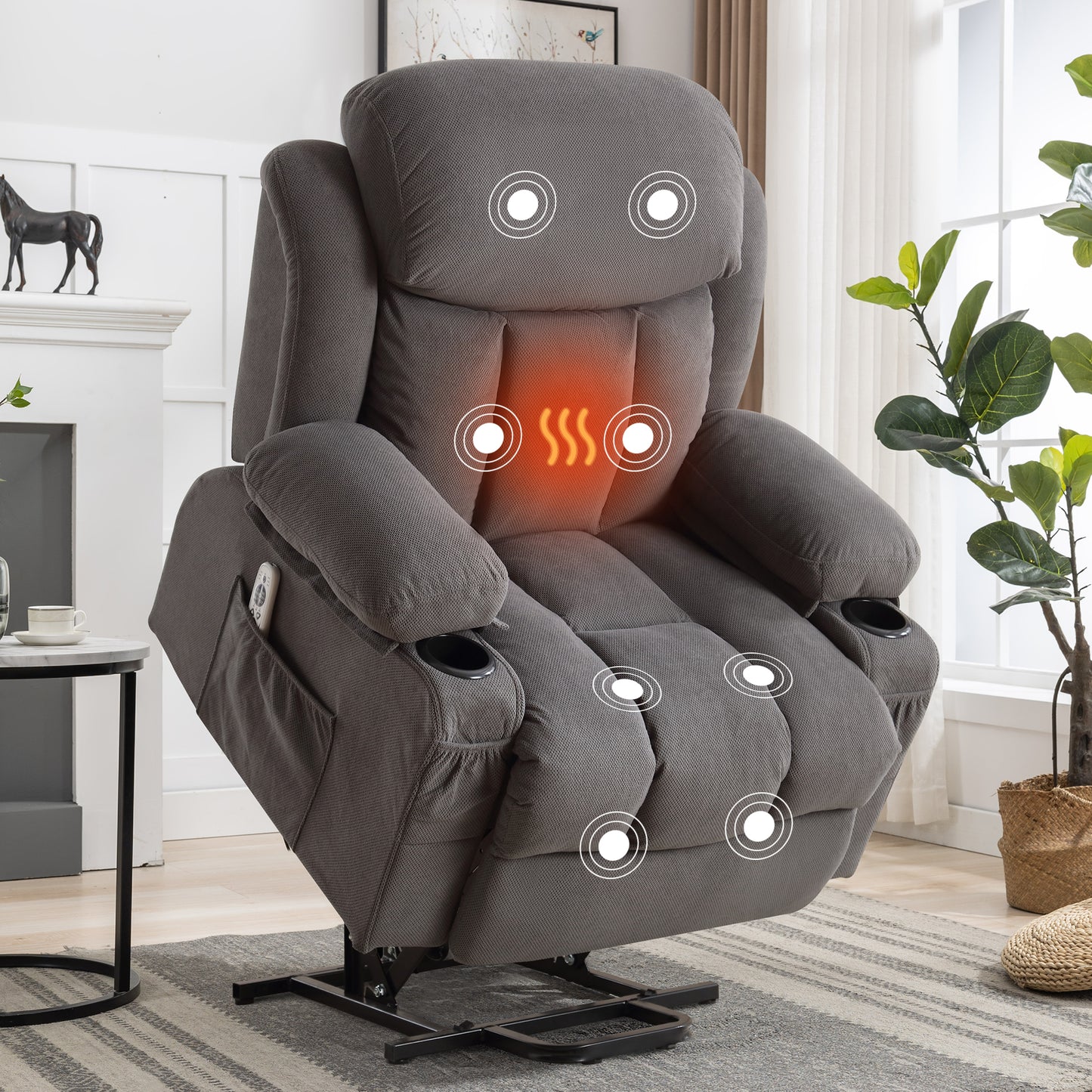 HSUNNS Power Lift Recliner Chair for Elderly, Remote Control Recliners with Heat and Massage, USB Port, 2 Cup Holders, Side Pockets, Fabric Single Sofa for Living Room, Blue