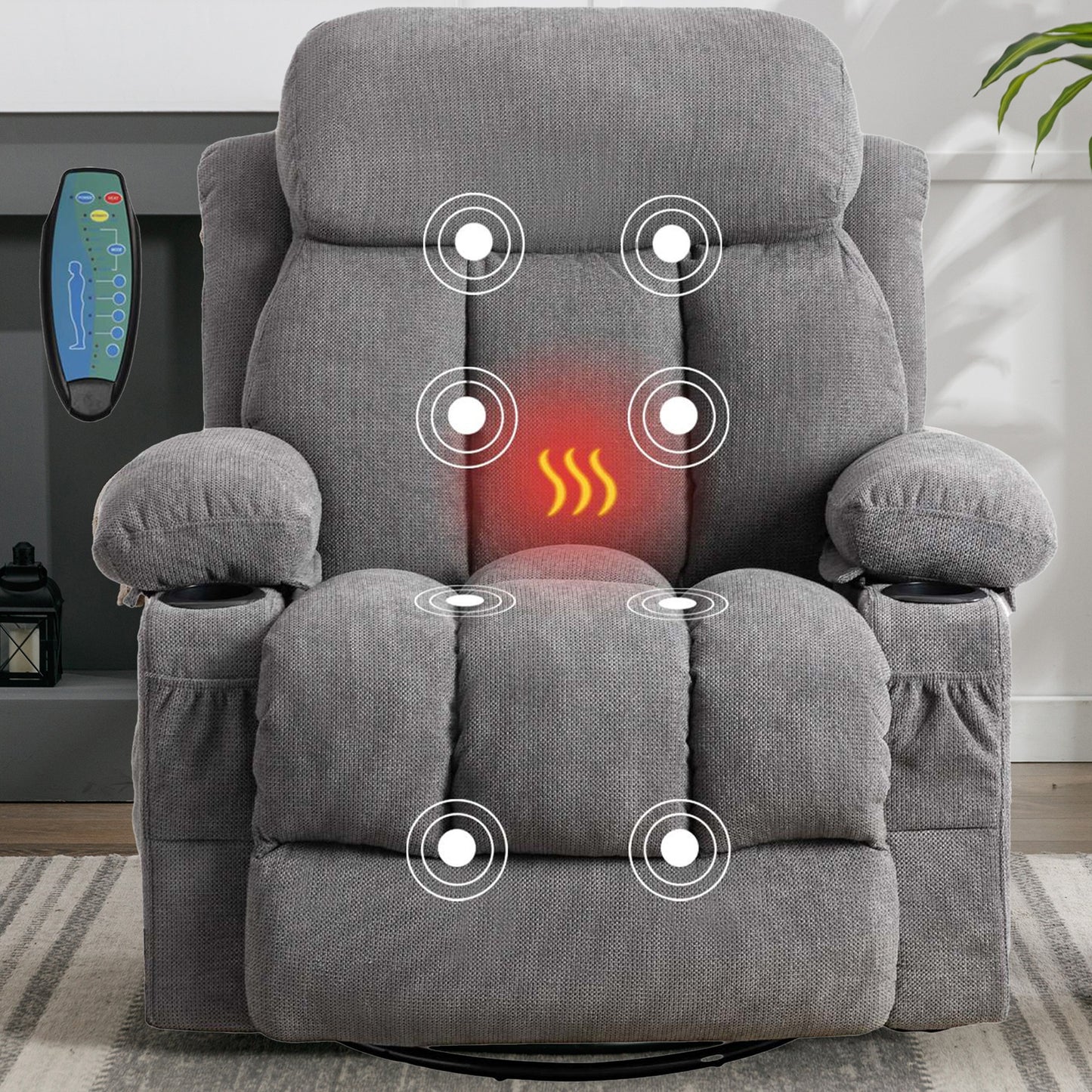 HSUNNS Swivel Recliner Chair with Massage and Heat for the Elderly, Oversized Recliner for Living Room with Cup Holders and USB Port, Side Pockets, Comfortable Backrest and Armrests, Gray