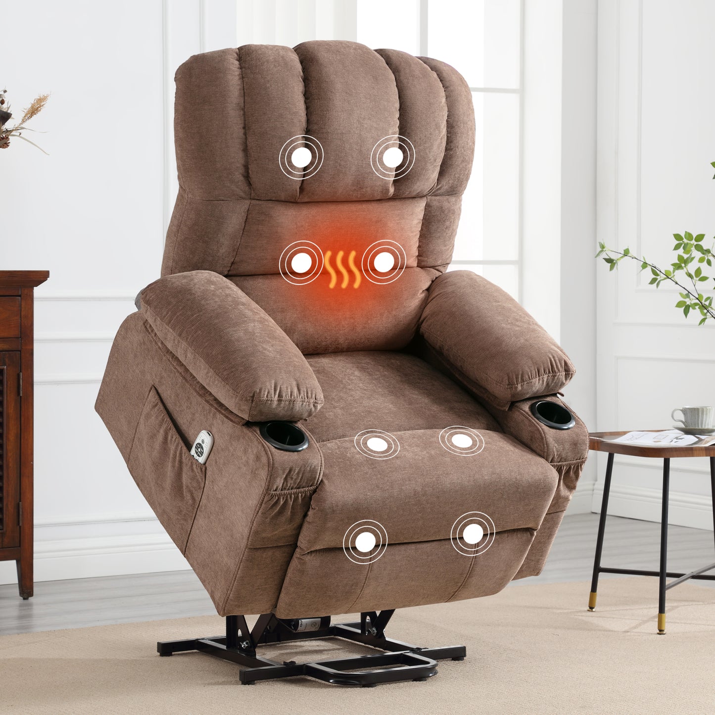 HSUNNS Power Lift Recliner Chair with Heat and Vibration Massage, Fabric Elderly Oversized Reclining Sofa with USB Charge Port, Cup Holders and Side Pockets for Bedroom Home Theater, Blue