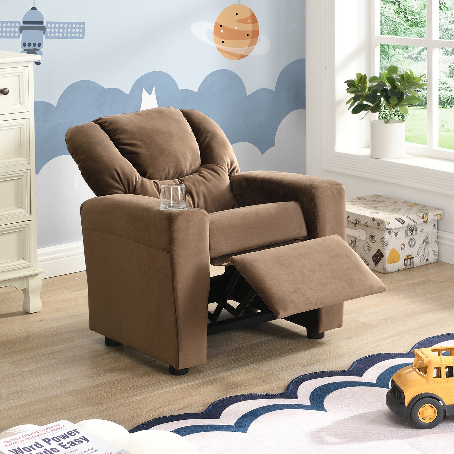 Kids Recliner Chair, Upholstered Single Sofa Couch with Cup Holder for Boys Girls and Kids, Ergonomic Design Toddlers Velvet Recliners with Headrest and Footrest for Lounging and Sleeping, Brown