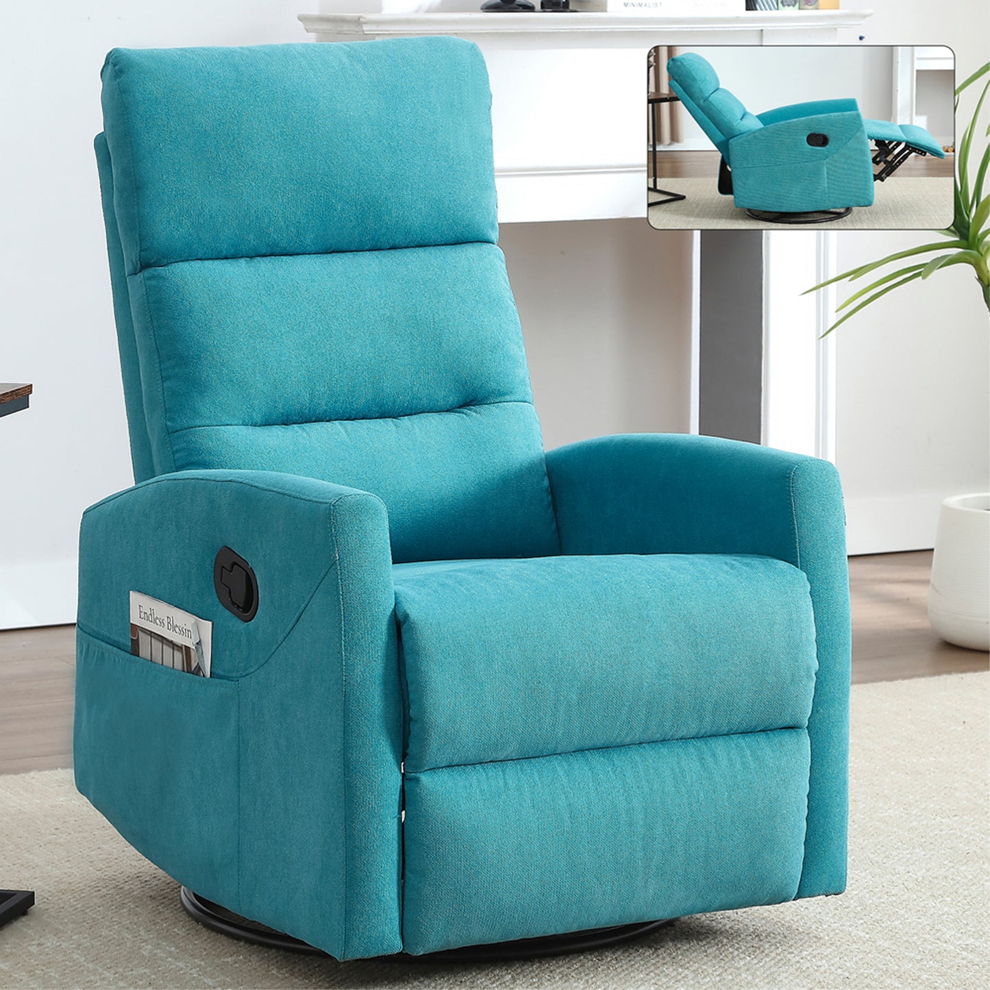HSUNNS Swivel Rocker Recliner Chair for Adults, Manual Reclining Chair with Side Pocket, Living Room Chair 360 Degree Swivel Single Sofa, Fabric Recliner for Home Theater, Brown