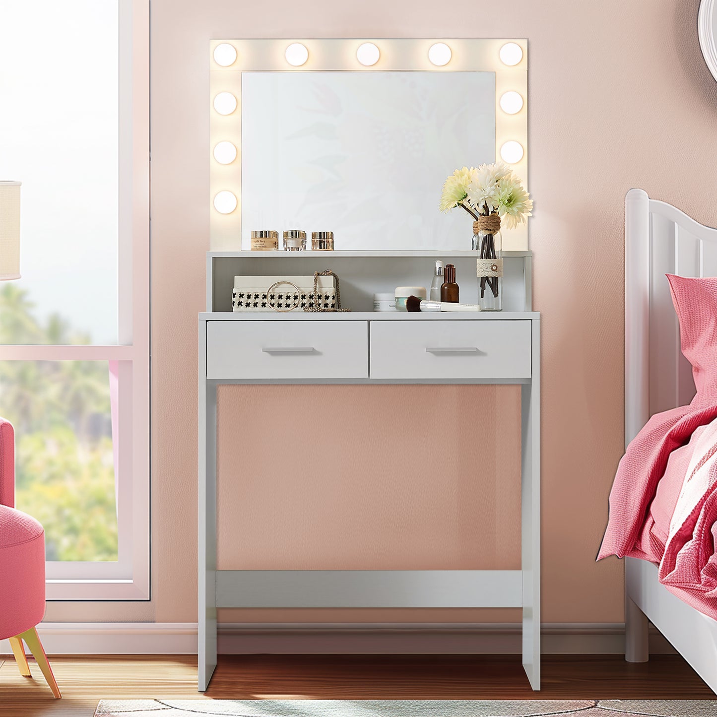 HSUNNS Small Vanity Desk, Narrow Makeup Vanity with 11 Lights and Mirror, Hollywood-style Makeup Desk with 2 Storage Drawers for Bedroom, Birthday Gift for Girls or Wife, Black