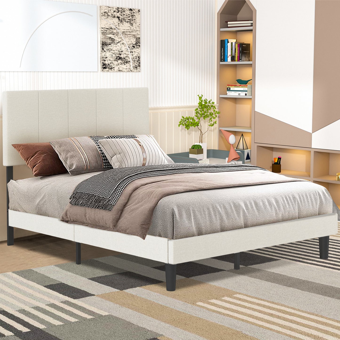 SYNGAR Upholstered Platform Bed Frame Full Size with Height Adjustable Headboard, Metal Full Bed Frame with Strong Slat Support, Bedroom Furniture, No Box Spring Needed, Noise Free, Beige