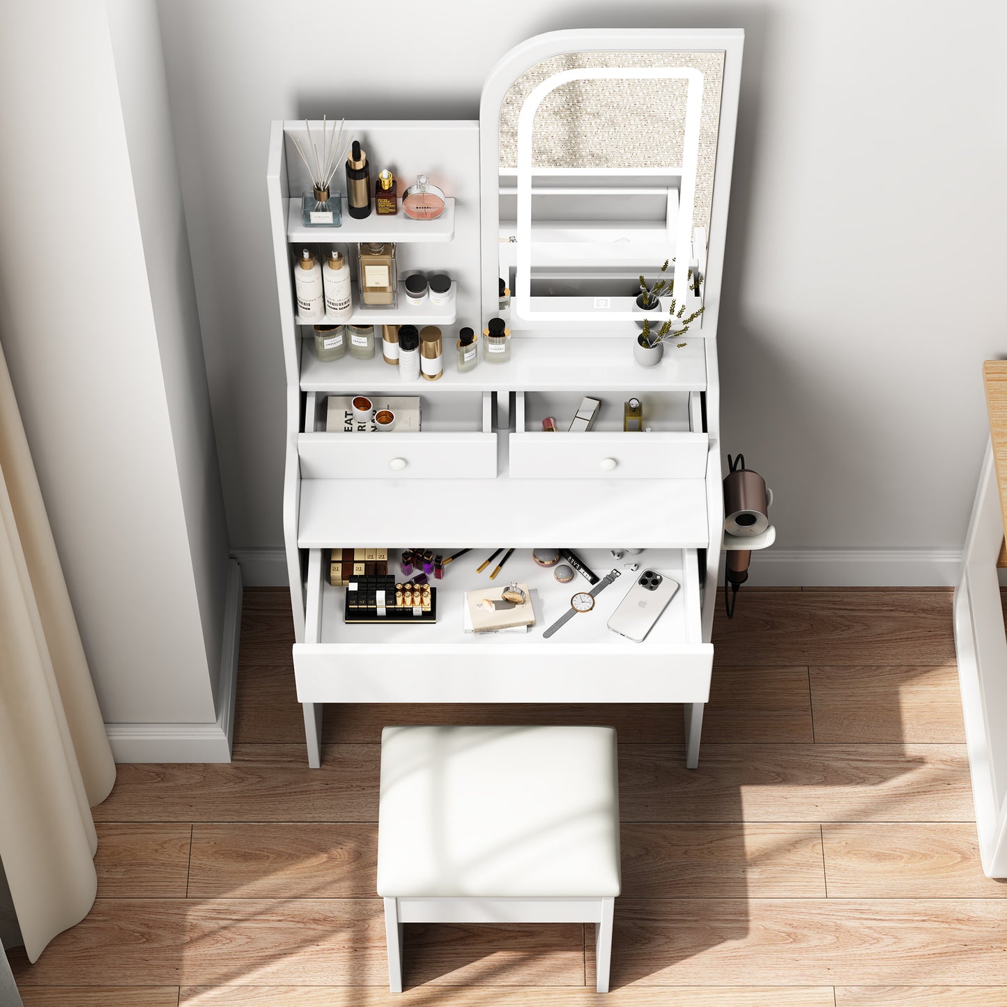HSUNNS Vanity Set with Lighted Mirror, Modern 3 Drawers Makeup Dressing Desk, Vanity Table Desk with Storage, Bedroom Vanities Set for Girls and Women, White