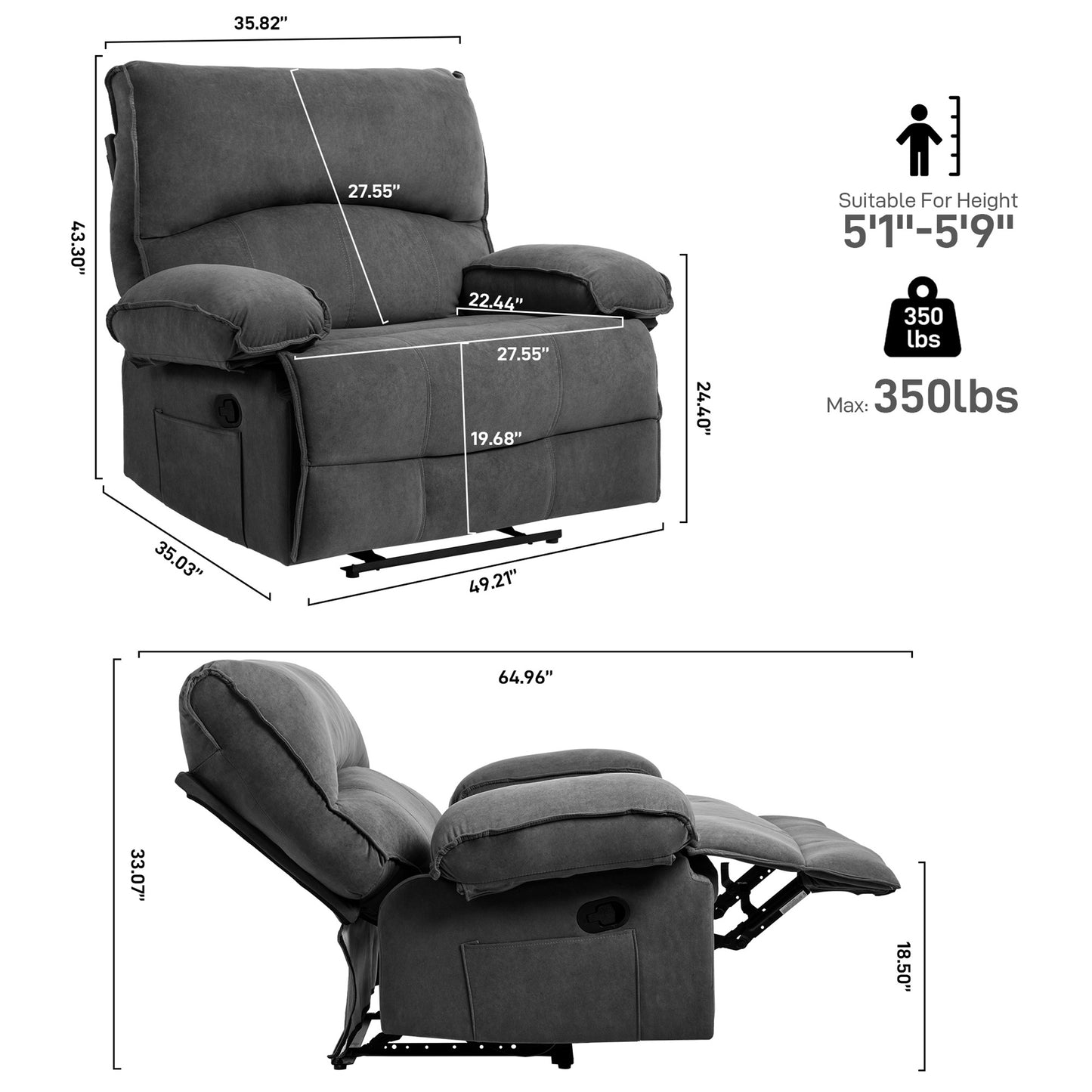 HSUNNS Oversized Recliner Chairs for Adults, 35 Inch Wide Manual Recliner Chair with Massage and Heat for Living Room, Single Reclining Sofa with Side Pocket, Easy Assembly, Gray