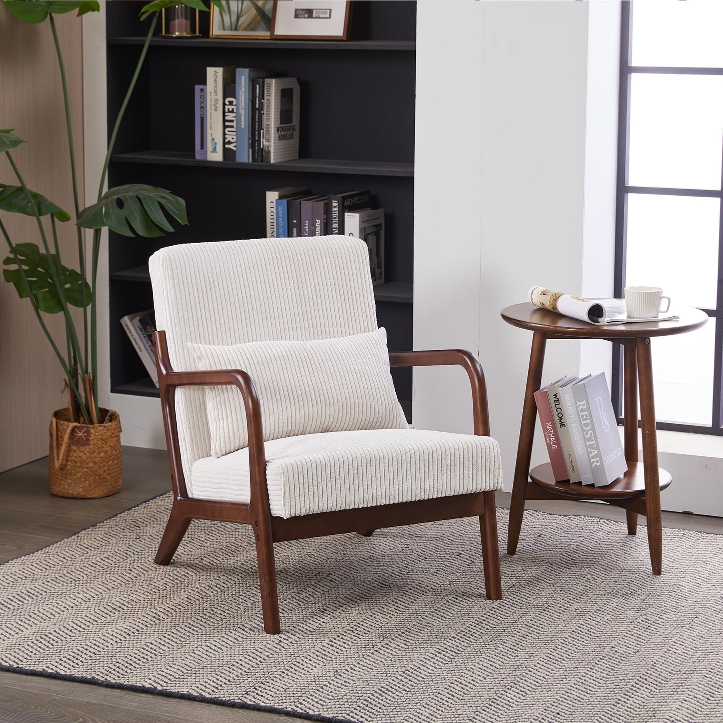 Accent Chairs, Mid-Century Modern Chair with Pillow, Upholstered Armchair with Solid Wood, Reading Relaxing Leisure Chair for Living Room(Beige+Walnut)