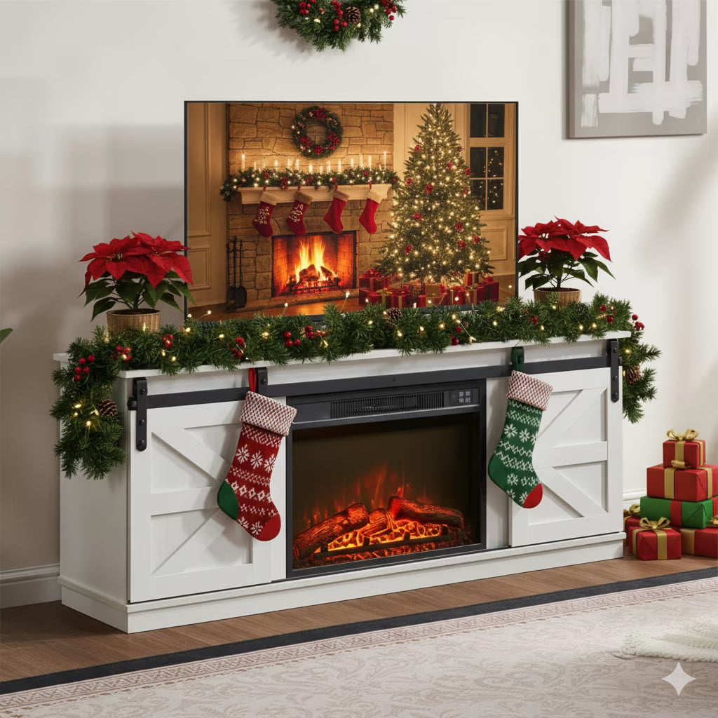 UHOMEPRO Fireplace TV Stand with Sliding Barn Door for TVs up to 65", Farmhouse 58" Fireplace Entertainment Center with Storage Cabinets/Adjustable Shelves, Brown