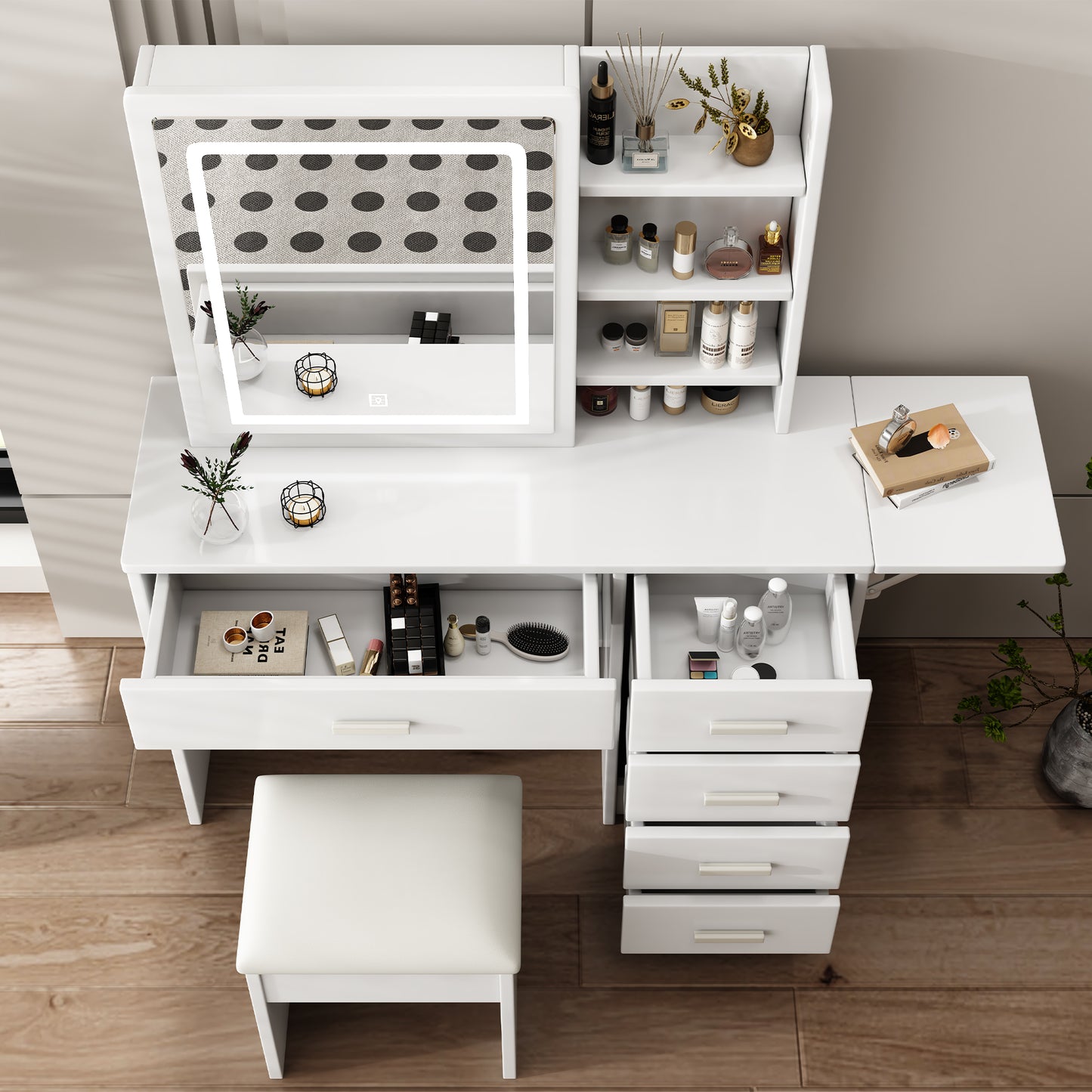 HSUNNS Vanity Desk with Sliding Mirror and 3 Color Light, Vanity Set with Mirror and 5 Drawers, Modern Makeup Desk with Cushion Stool, Hidden Storage Vanity Table with Shelves, White