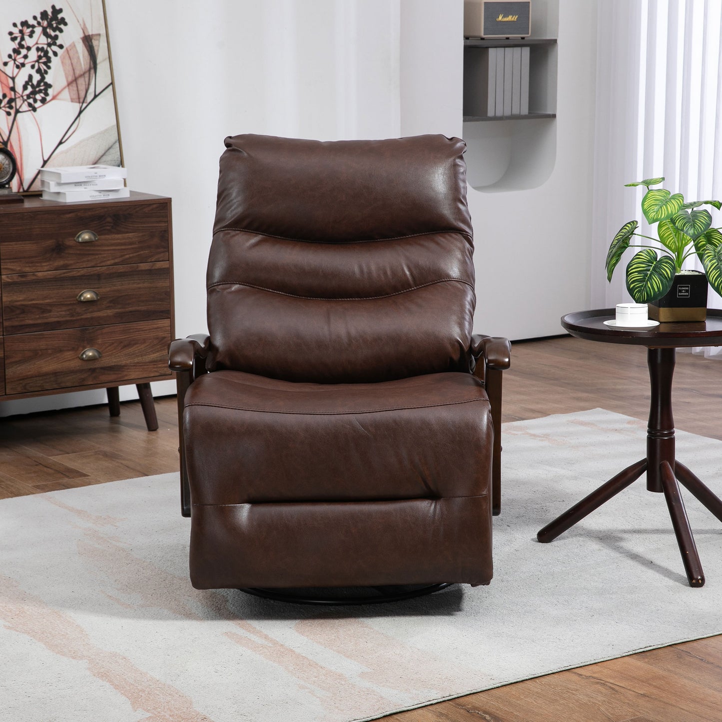 HSUNNS Recliner Chair, Manual Oversized Reclining Chair with 360 Degree Swivel and Infinite Position, USB Charge Port, PU Leather Rocker Recliner Chair for Living Room, Brown