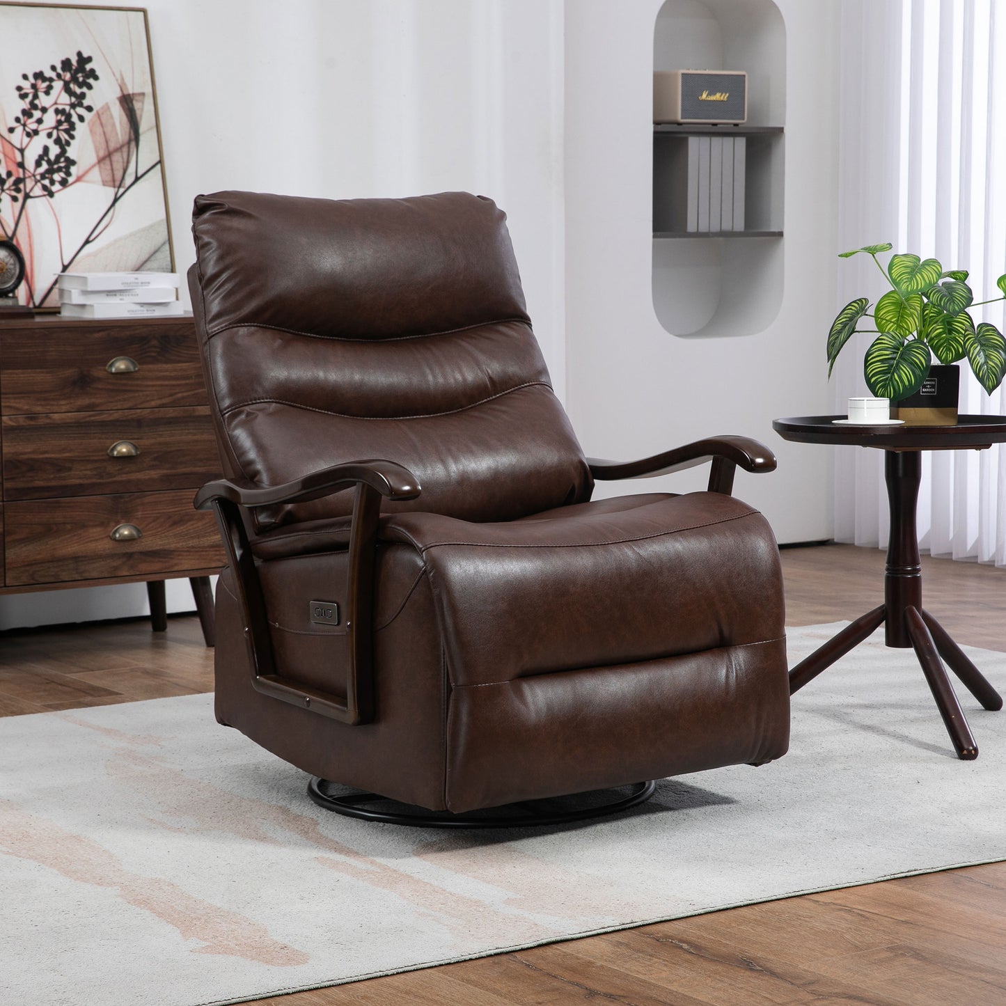 HSUNNS Recliner Chair, Manual Oversized Reclining Chair with 360 Degree Swivel and Infinite Position, USB Charge Port, PU Leather Rocker Recliner Chair for Living Room, Brown
