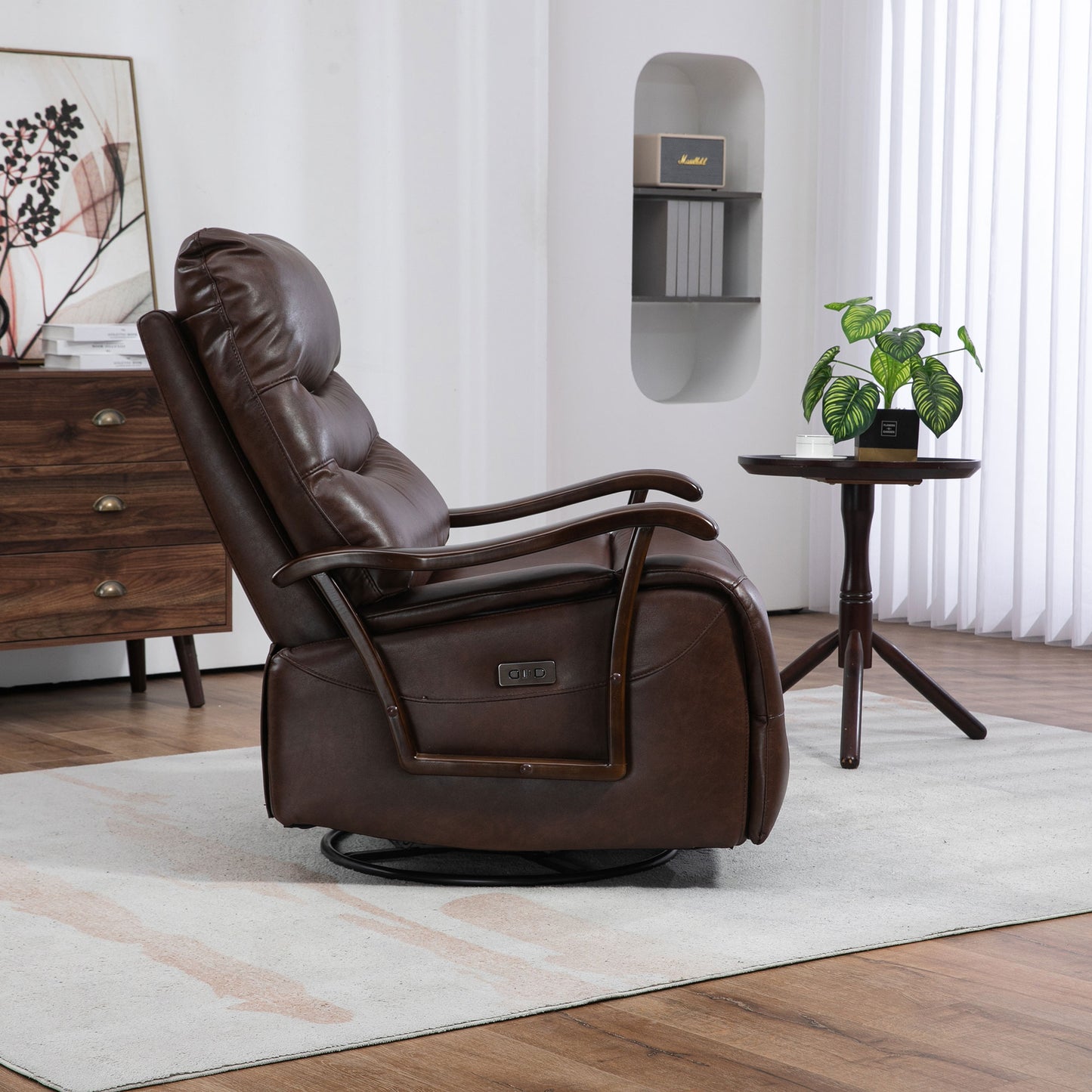 HSUNNS Recliner Chair, Manual Oversized Reclining Chair with 360 Degree Swivel and Infinite Position, USB Charge Port, PU Leather Rocker Recliner Chair for Living Room, Brown