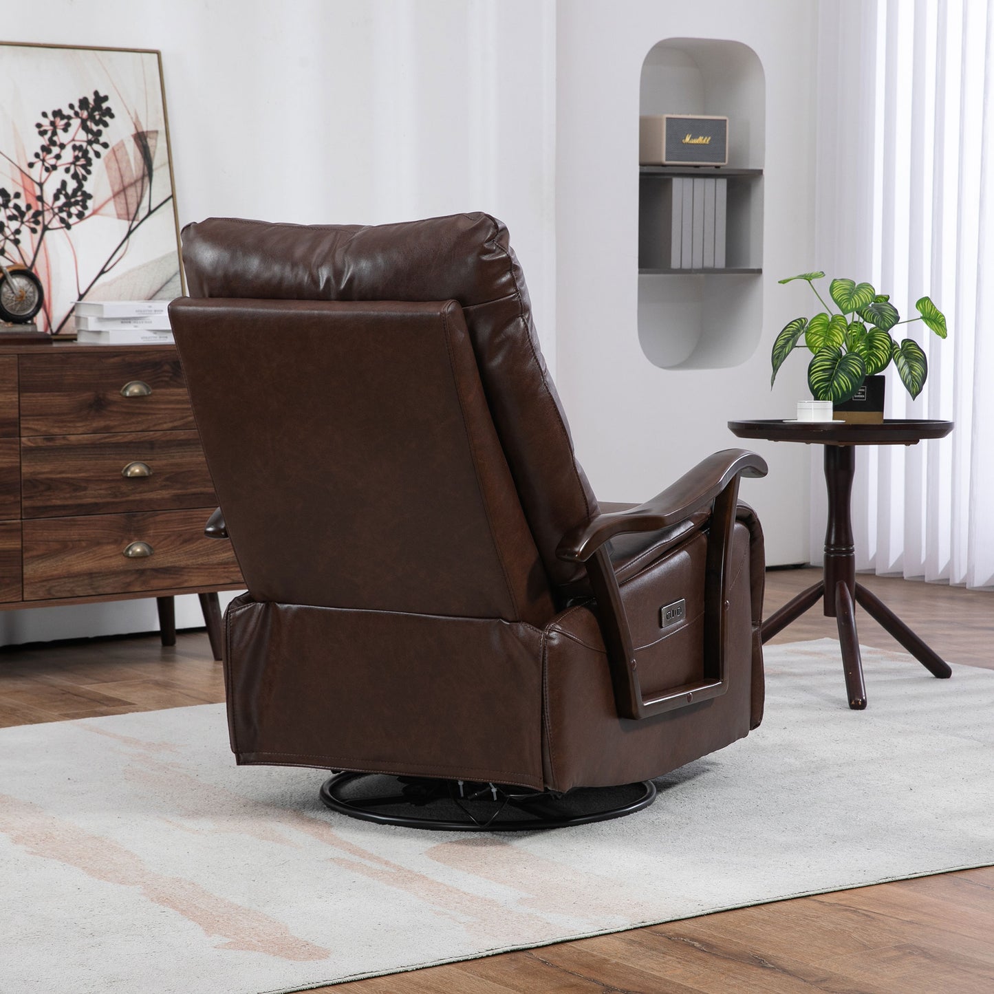 HSUNNS Recliner Chair, Manual Oversized Reclining Chair with 360 Degree Swivel and Infinite Position, USB Charge Port, PU Leather Rocker Recliner Chair for Living Room, Brown