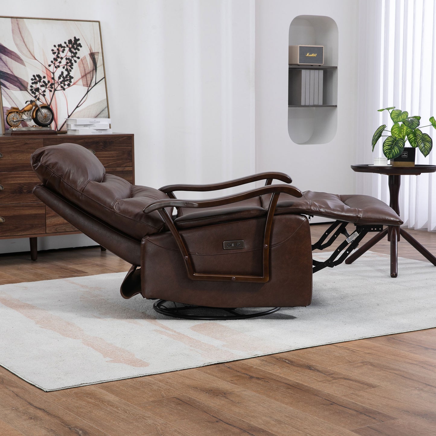 HSUNNS Recliner Chair, Manual Oversized Reclining Chair with 360 Degree Swivel and Infinite Position, USB Charge Port, PU Leather Rocker Recliner Chair for Living Room, Brown