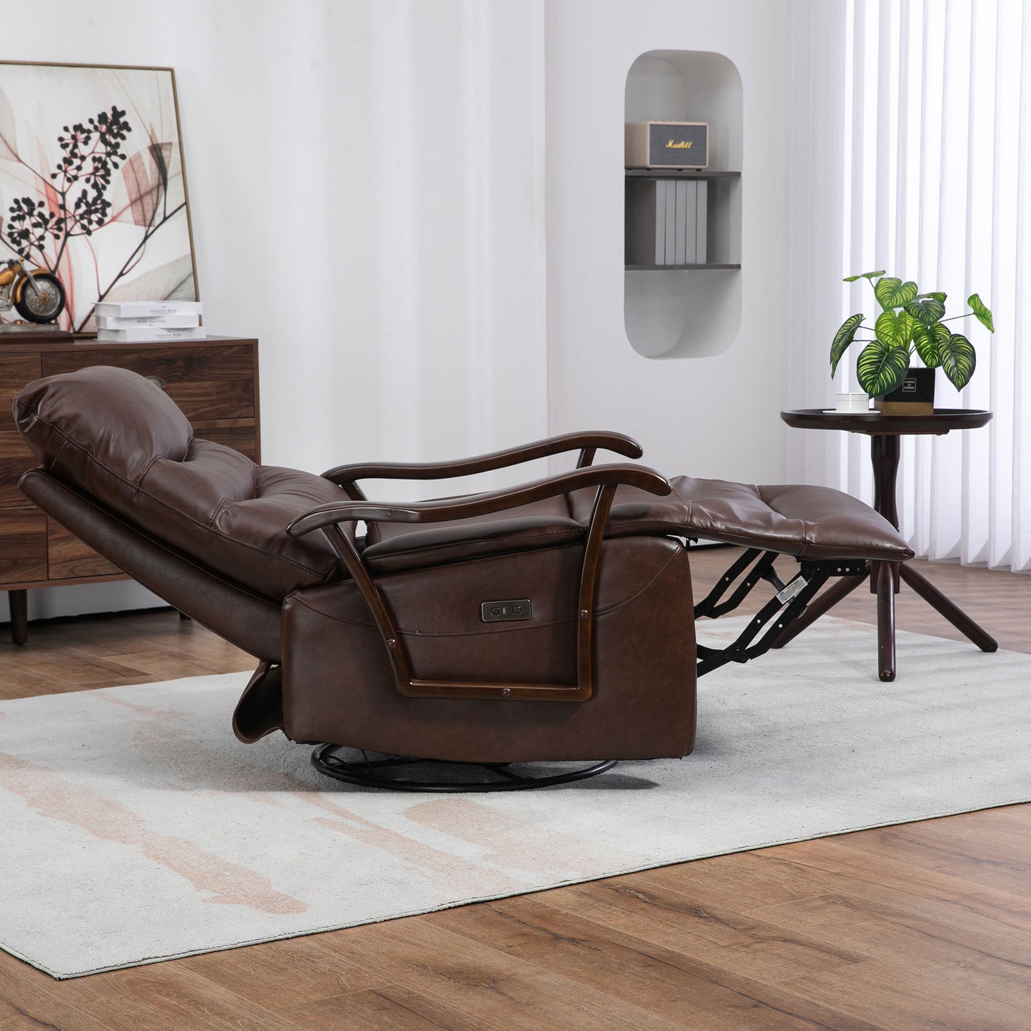 HSUNNS Recliner Chair, Manual Oversized Reclining Chair with 360 Degree Swivel and Infinite Position, USB Charge Port, PU Leather Rocker Recliner Chair for Living Room, Brown