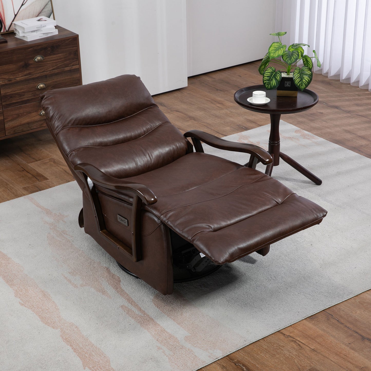 HSUNNS Recliner Chair, Manual Oversized Reclining Chair with 360 Degree Swivel and Infinite Position, USB Charge Port, PU Leather Rocker Recliner Chair for Living Room, Brown