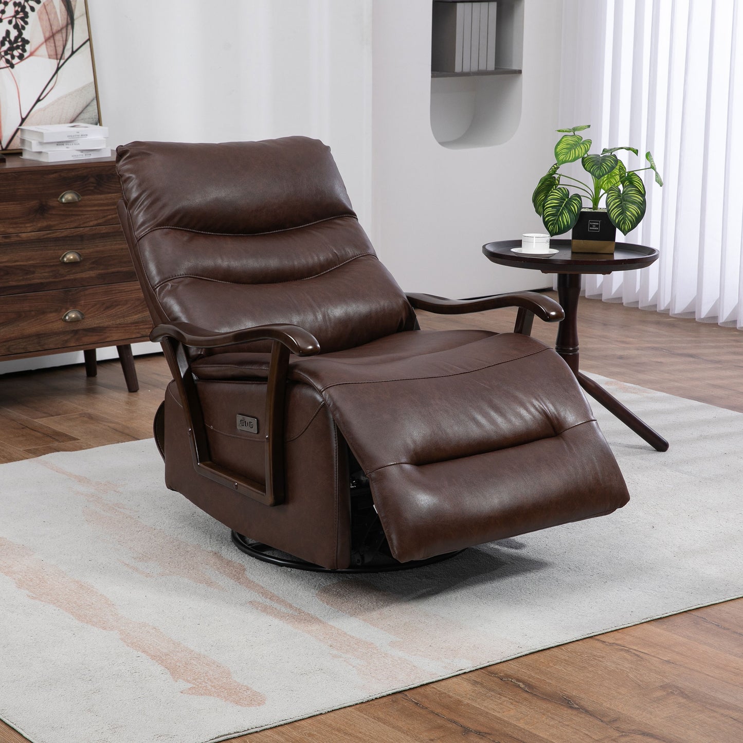 HSUNNS Recliner Chair, Manual Oversized Reclining Chair with 360 Degree Swivel and Infinite Position, USB Charge Port, PU Leather Rocker Recliner Chair for Living Room, Brown