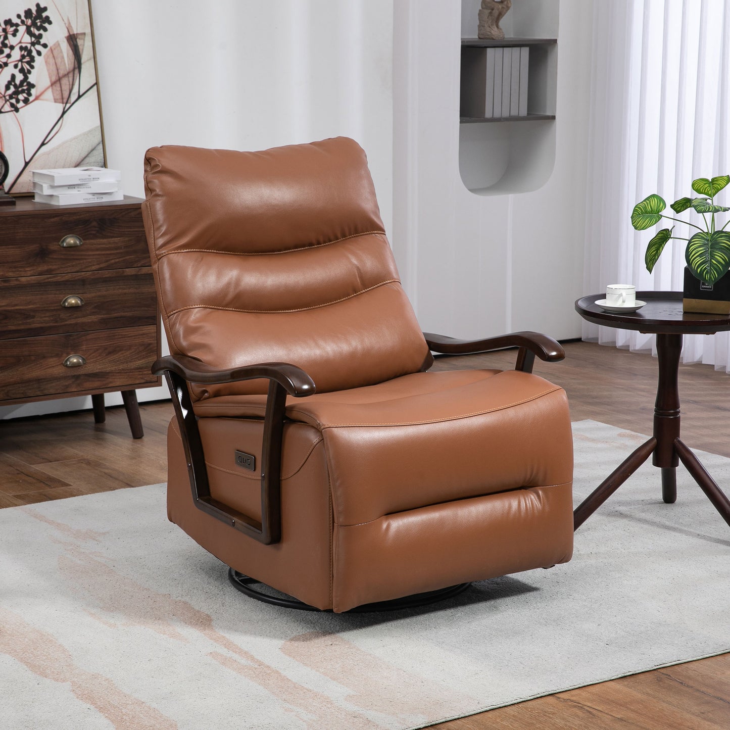 HSUNNS Recliner Chair, Manual Oversized Reclining Chair with 360 Degree Swivel and Infinite Position, USB Charge Port, PU Leather Rocker Recliner Chair for Living Room, Brown
