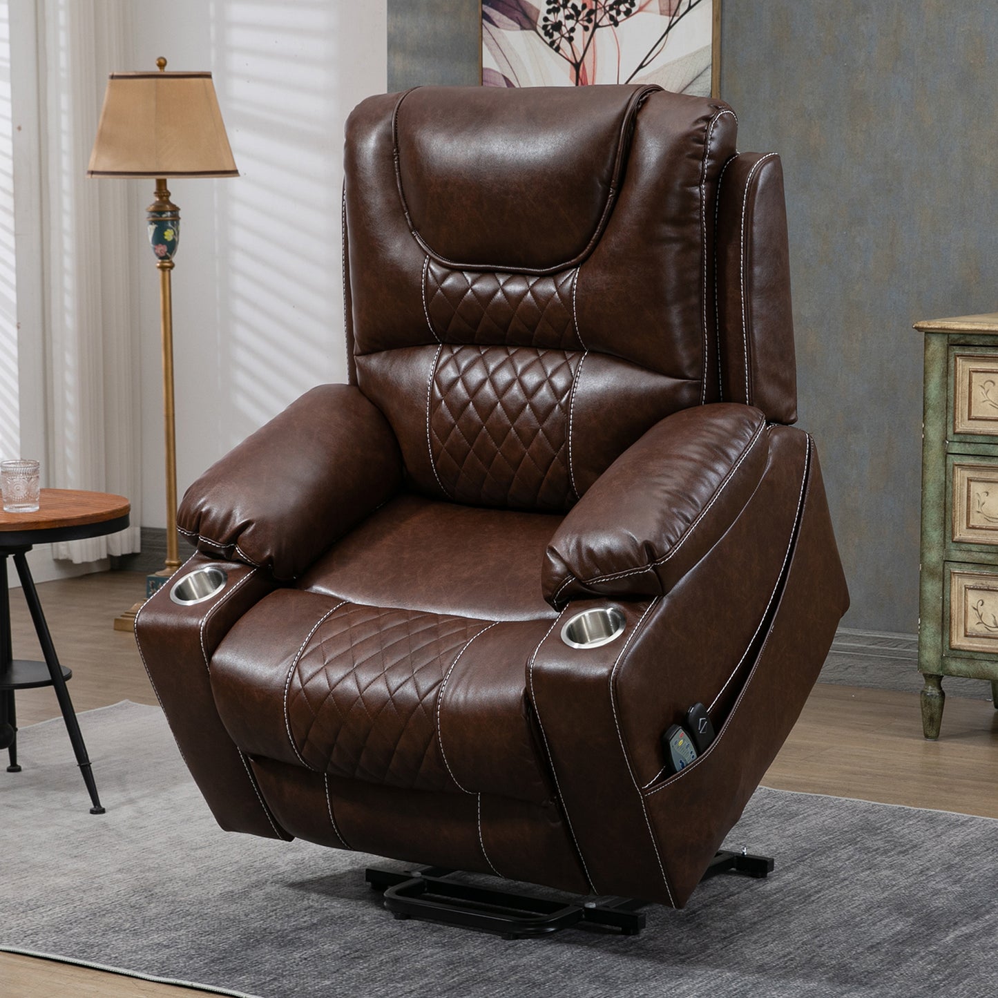 SYNGAR Power Lift Recliner Chairs for Adults, Oversize Lift Chair with Heat and Massage, Modern Leather Single Reclining Chair up to 180 Degrees with Cup Holders, Side Pockets, Brown