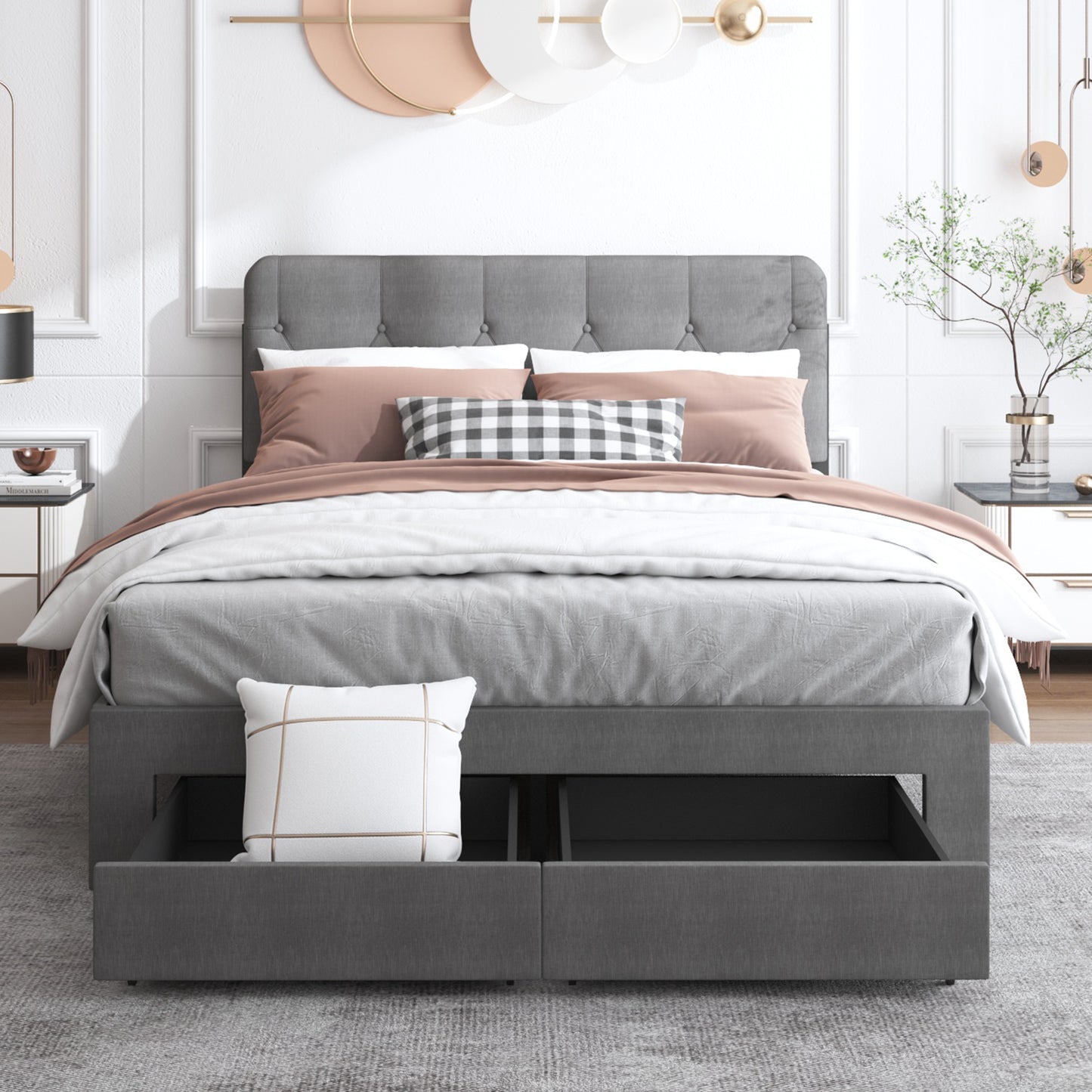 Queen Size Upholstered Bed, HSUNNS Tufted Linen Fabric Platform Bed with Storage Drawers and Adjustable Headboard, Wood Slatted Support, No Box Spring Needed, Modern Bedroom Furniture, Gray