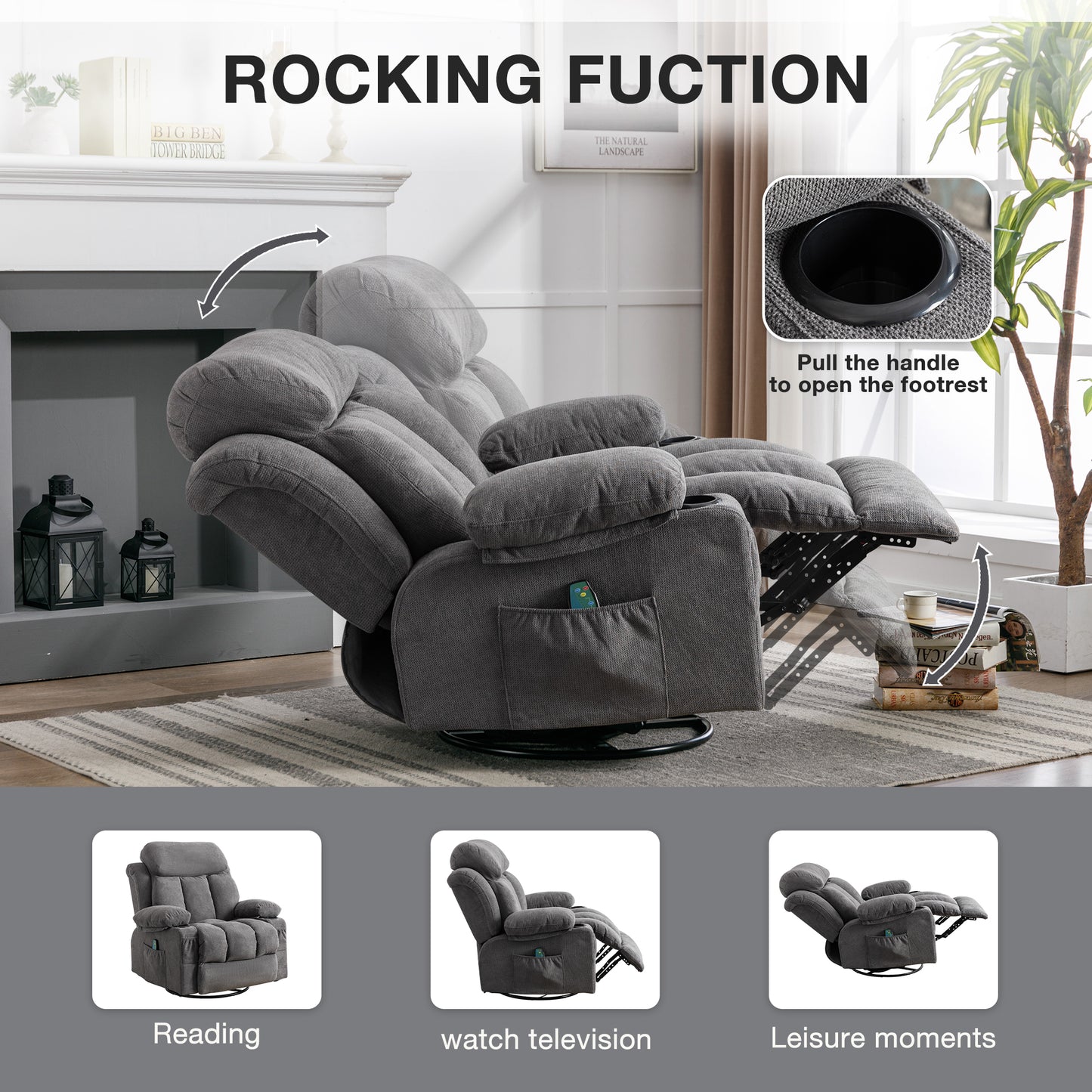 HSUNNS Swivel Recliner Chair with Massage and Heat for the Elderly, Oversized Recliner for Living Room with Cup Holders and USB Port, Side Pockets, Comfortable Backrest and Armrests, Gray