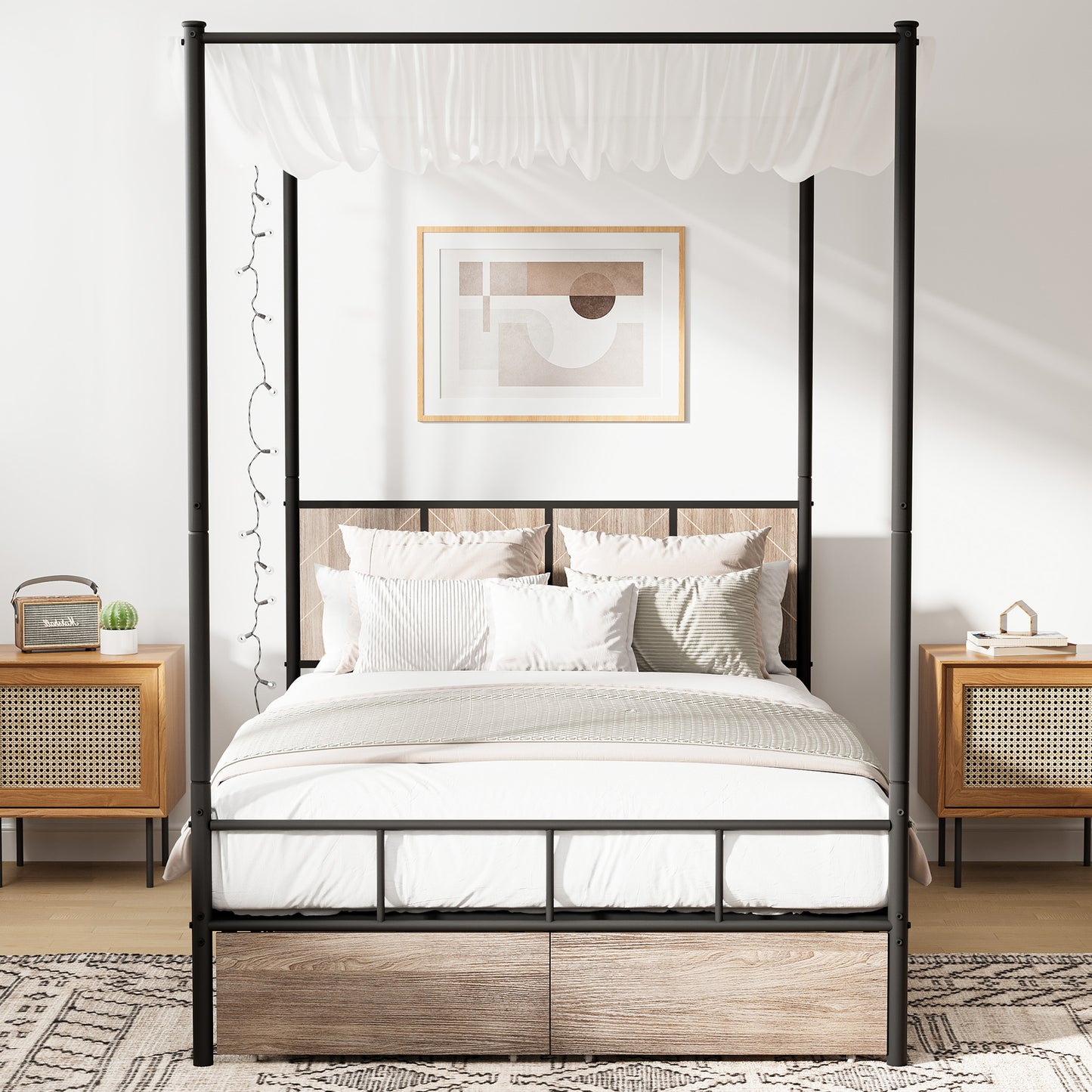 HSUNNS Queen Bed Frame, Queen Size Canopy Bed Frame with 2 Storage Drawers, Wooden Headboard and Footboard, Metal Platform Bed with Under-Bed Storage, No Box Spring Needed, Black+Brown