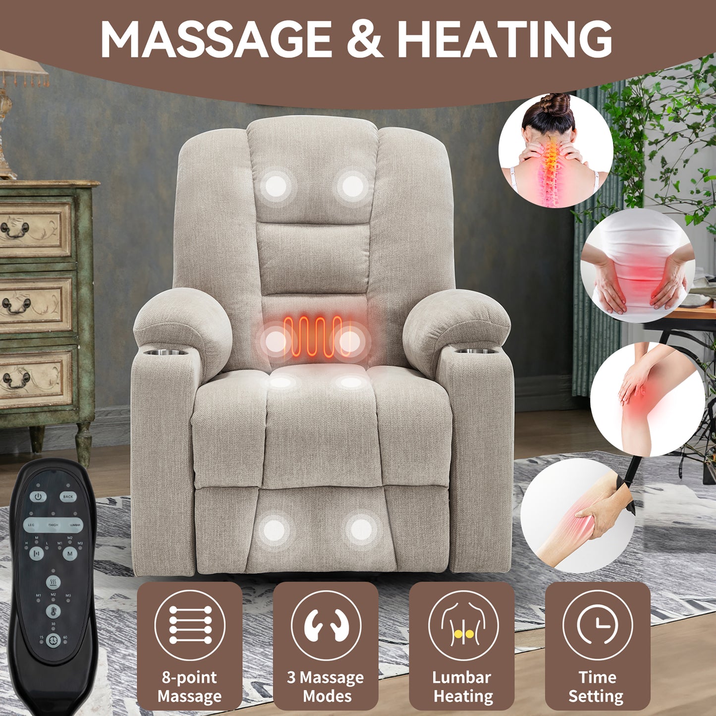 HSUNNS Power Lift Recliner Chair with Massage and Heat for Adult, Heavy Duty Reclining with USB Port and 2 Cup Holders, Living Room Overstuffed Wide Single Sofa Home Theater, Beige