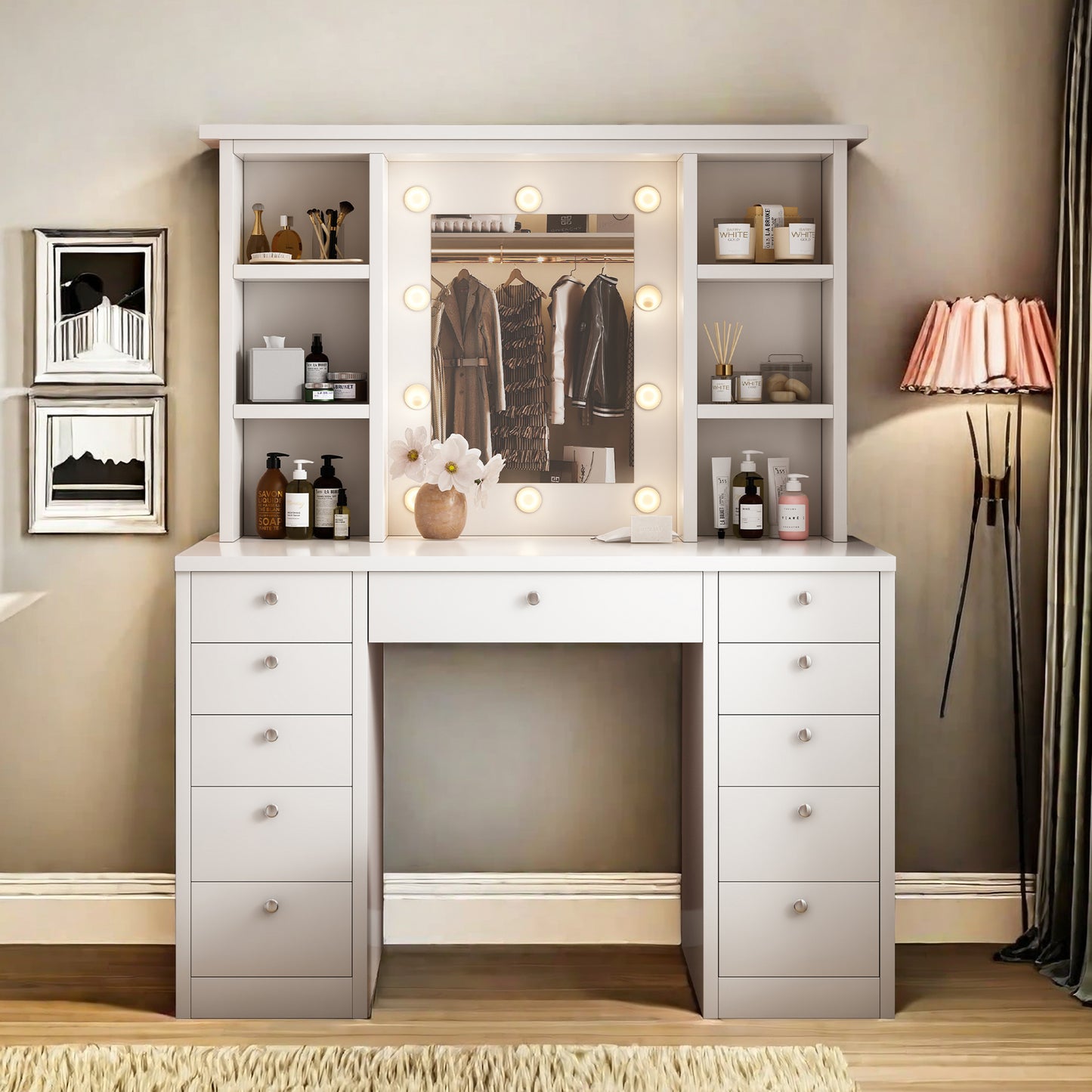 HSUNNS Vanity Desk with Mirror and 3 Color Lights, Fashion Vanity Table with 2 USB Ports and Outlets, Makeup Vanity Desk with 6 Drawers and 2 Glass Doors for Bedroom, White