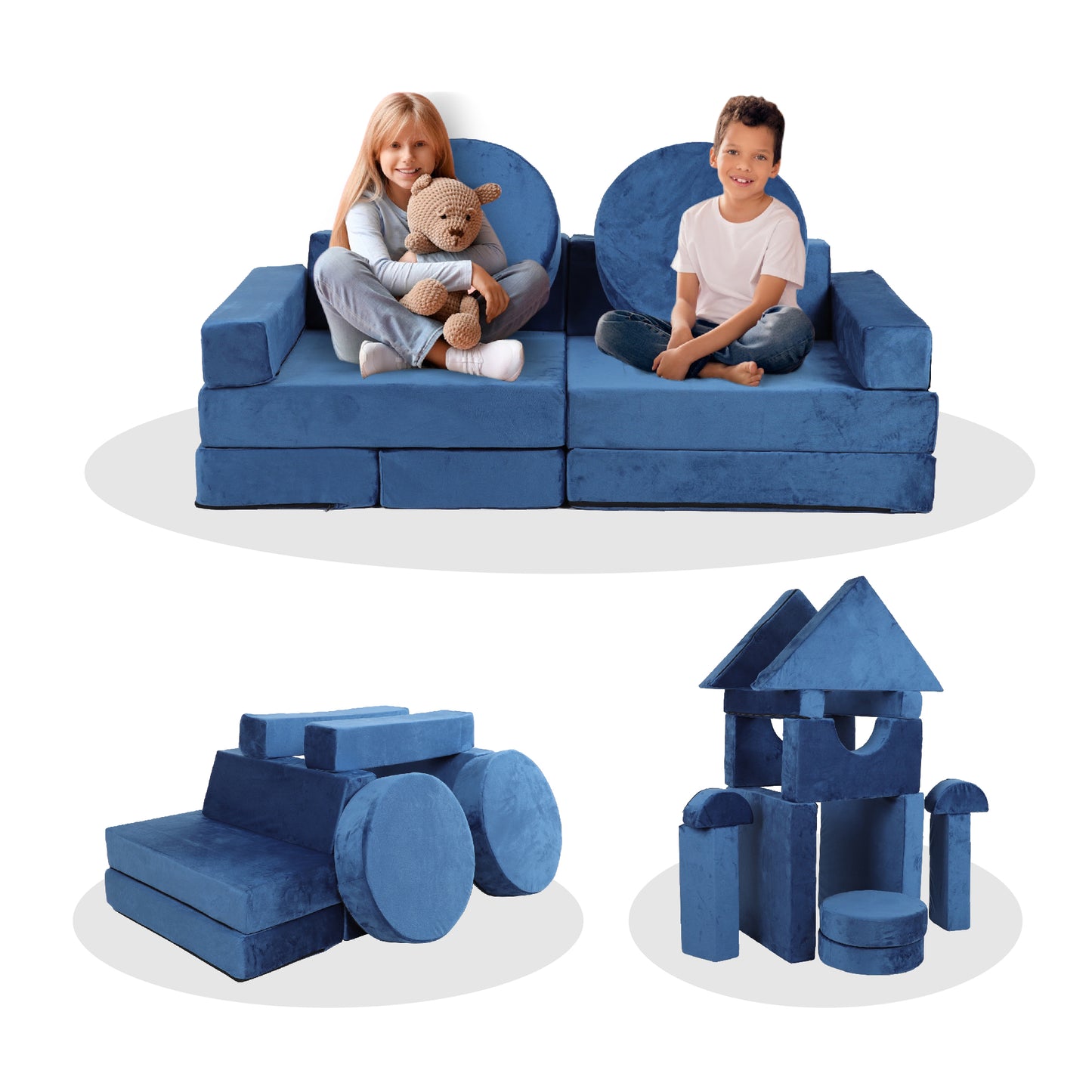 HSUNNS 14 PCS Kids Couch, Velvet Kids Play Modular Couch, Kids Sofa for Boys and Girls, Easy Assembly, Modular Play Sofa for Bedroom and Playroom, Gray