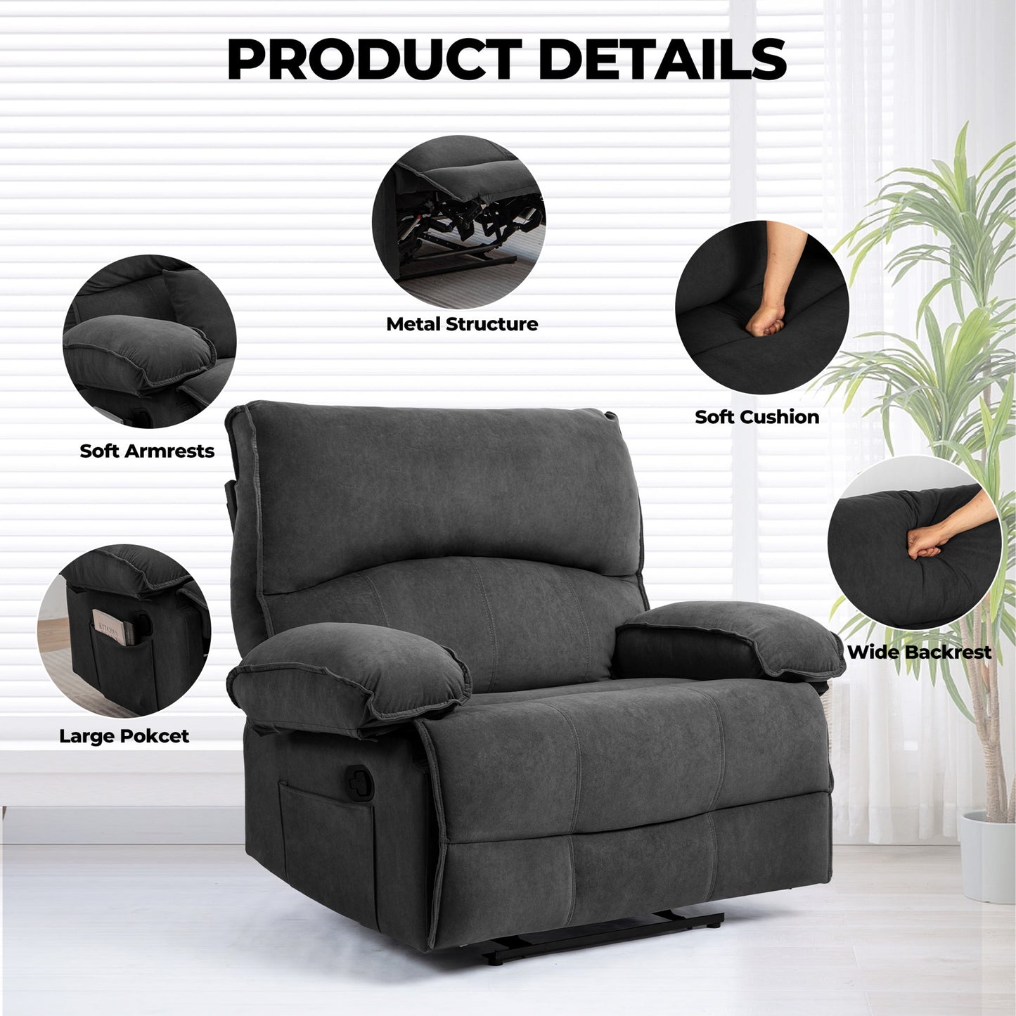 HSUNNS Oversized Recliner Chairs for Adults, 35 Inch Wide Manual Recliner Chair with Massage and Heat for Living Room, Single Reclining Sofa with Side Pocket, Easy Assembly, Gray