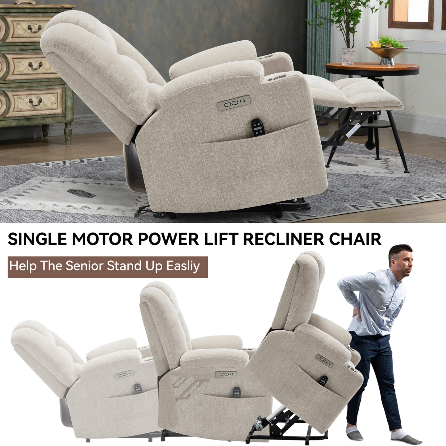 HSUNNS Power Lift Recliner Chair with Massage and Heat for Adult, Heavy Duty Reclining with USB Port and 2 Cup Holders, Living Room Overstuffed Wide Single Sofa Home Theater, Beige