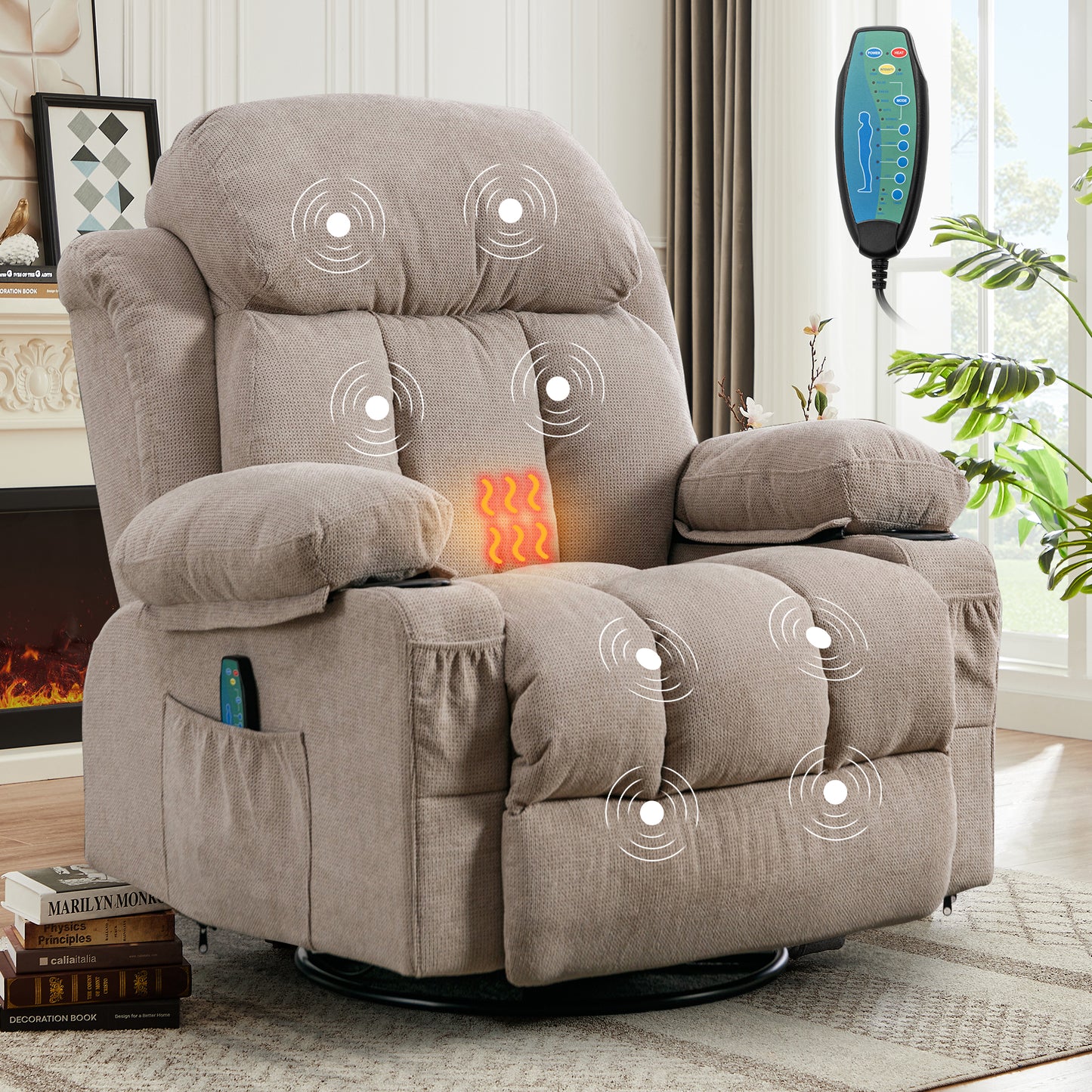 HSUNNS Manual Recliner Chair with Heat and Massage Function, USB and Cup Holders, Elderly Single Fabric Recliner Rocker Sofa Swivel Glider Chair for Nursery Living Room Home Theater Office, Gray