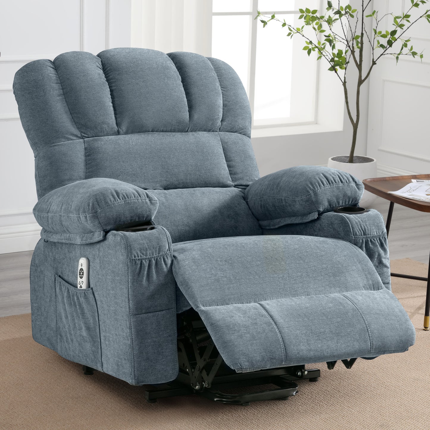 HSUNNS Power Lift Recliner Chair with Heat and Vibration Massage, Fabric Elderly Oversized Reclining Sofa with USB Charge Port, Cup Holders and Side Pockets for Bedroom Home Theater, Blue