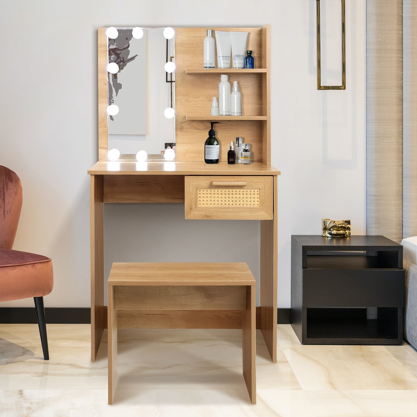 HSUNNS Vanity Mirror with 3 Color LED Lights Desk and Chair, Narrow Small Vanity Desk with 10 Light, Wood Makeup Table with Large Drawer and Wide Stool, Vanity Desk with Drawers and Shelves, White