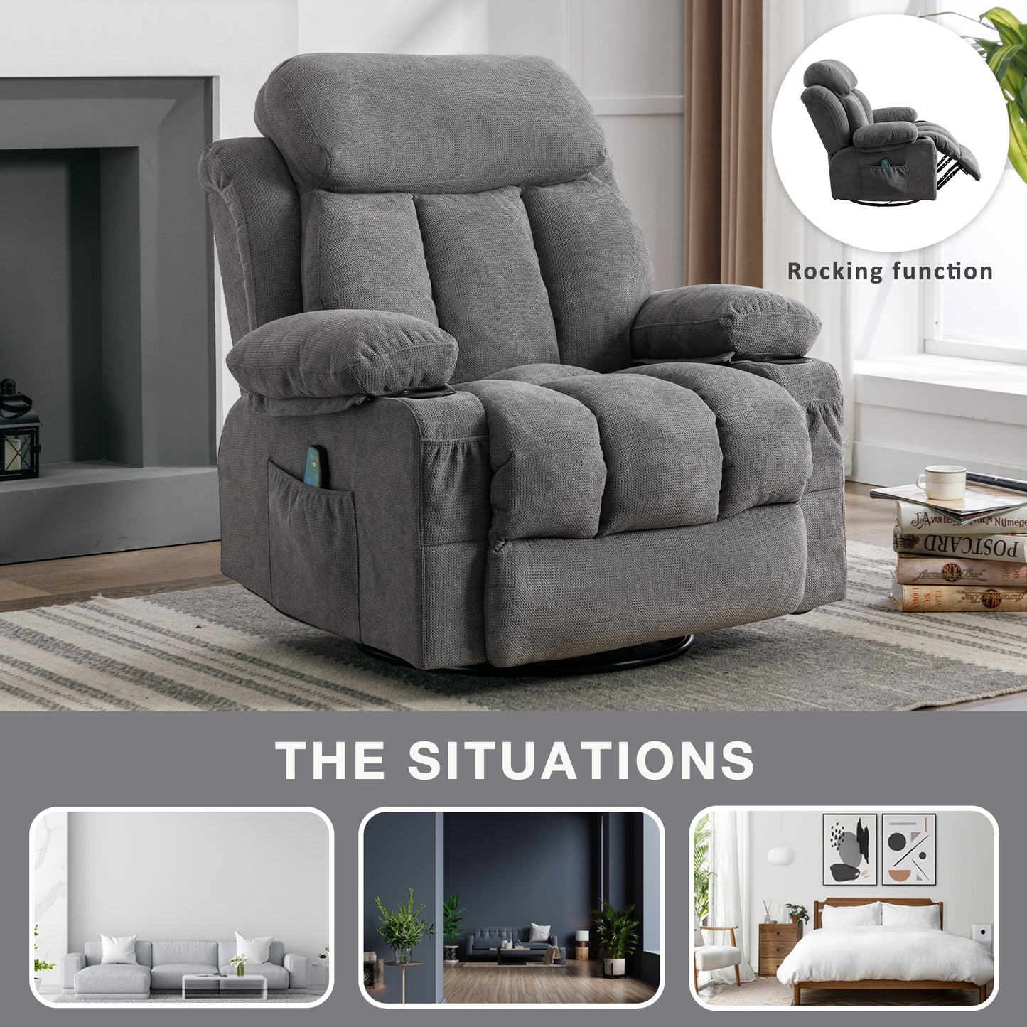 HSUNNS Swivel Recliner Chair with Massage and Heat for the Elderly, Oversized Recliner for Living Room with Cup Holders and USB Port, Side Pockets, Comfortable Backrest and Armrests, Gray