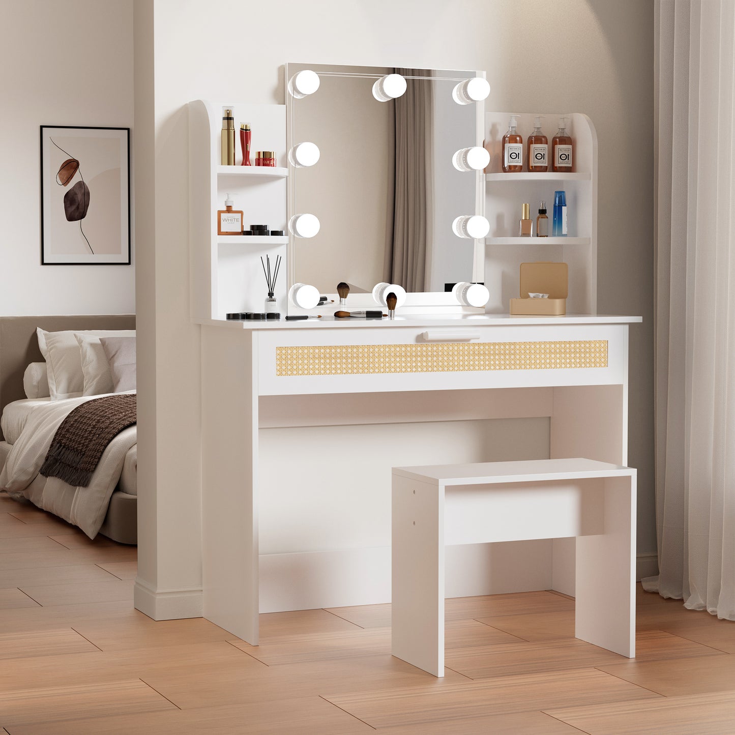 Makeup Vanity Desk with 10 Lights and Mirror, Modern Makeup Vanity Sets with Large Drawer and Shelves, Narrow Makeup Desk with Anti-Tipping Design, Makeup Desk with Stool, Oak Color