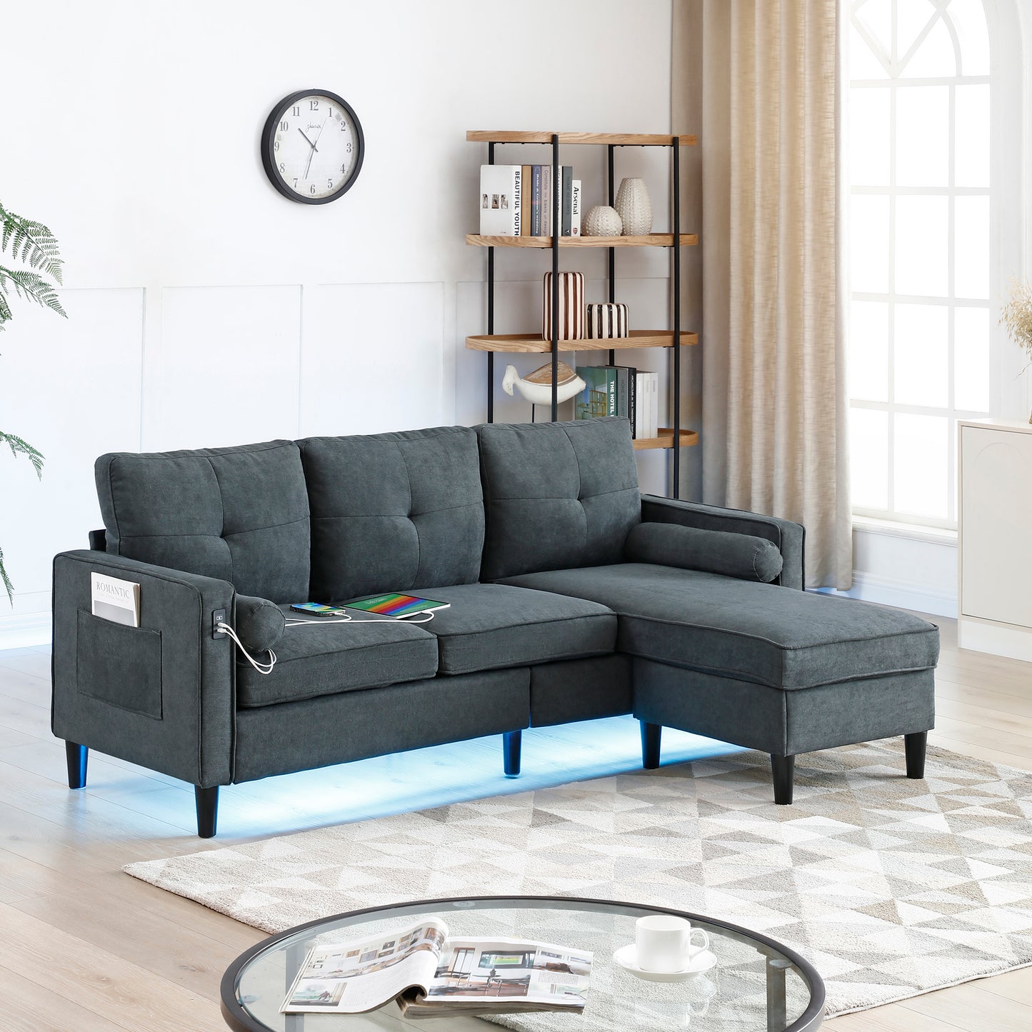 HSUNNS Sectional Sofa, 3 Seat L Shaped Couch with Storage Reversible Ottoman and Side Pockets, USB Charget Port, LED Lights, Sectional Couches for Living Room, Nursery, Grey