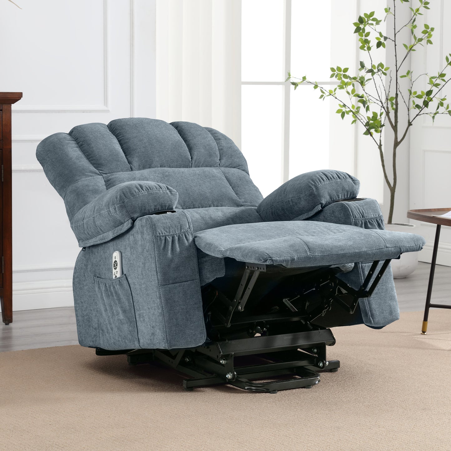 HSUNNS Power Lift Recliner Chair with Heat and Vibration Massage, Fabric Elderly Oversized Reclining Sofa with USB Charge Port, Cup Holders and Side Pockets for Bedroom Home Theater, Blue