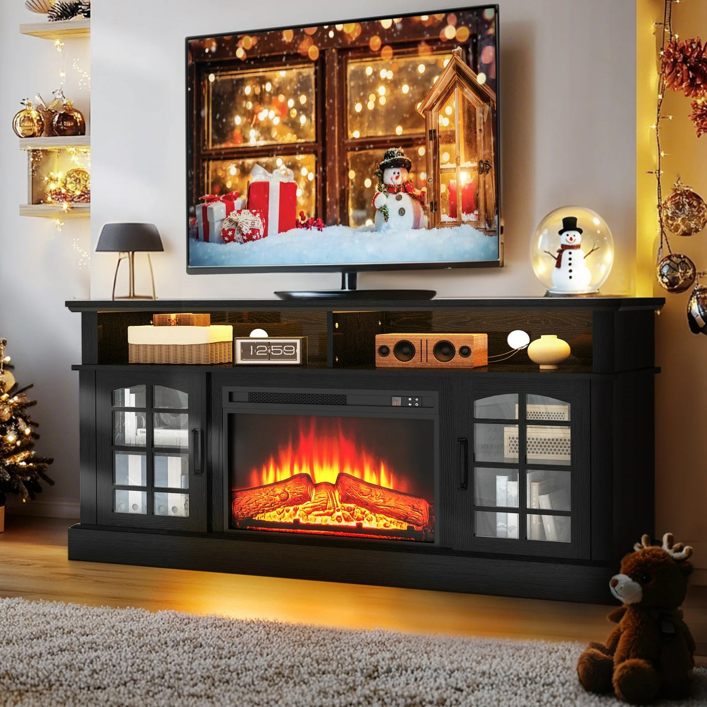 SYNGAR Fireplace Electric TV Stand for 65" TV with LED Light, Modern Entertainment Center With Remote Control Virtual Flame Fireplace, 2 Cabinet Storage, Glass Door, Storage Shelves, Black+Brown