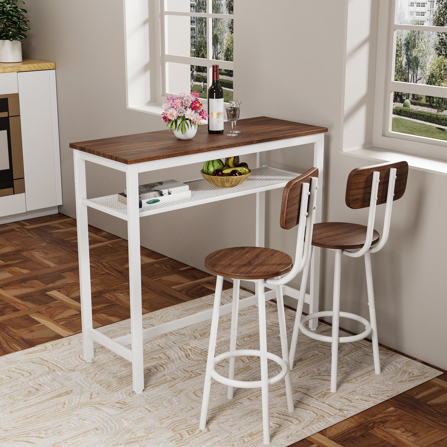 HSUNNS 3-Piece Bar Table Set with 2 Stools, 40” Rectangular Pub Table with Sturdy Metal Frame, Space-Saving Dining Set for Kitchen, Living Room, Small Space