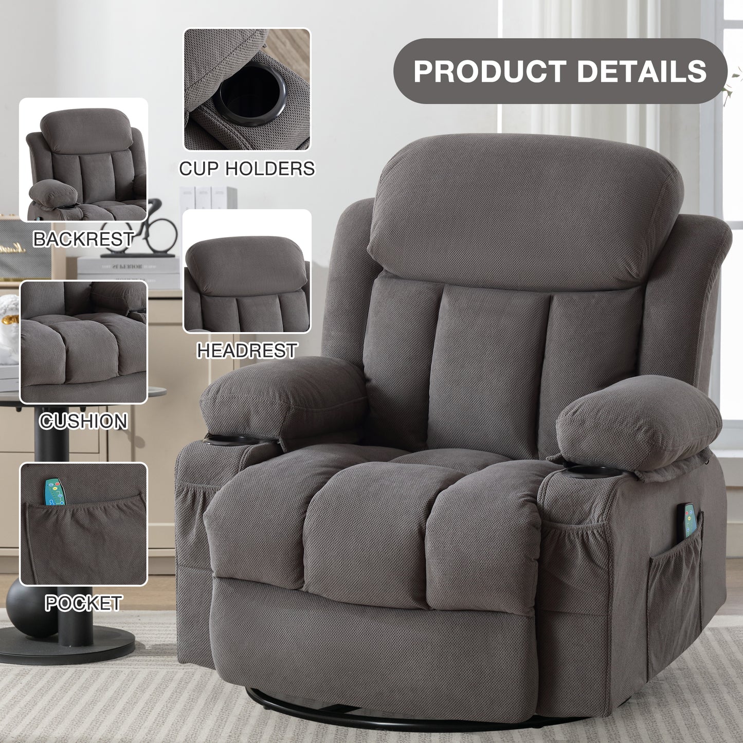 SYNGAR Oversized Recliner Chair, 360° Swivel Rocker Reclining Chair with Massage and Heat Function, USB, Cup Holders and Side Pockets, Living Room Single Sofa Seat Nursery Lounge Chair, Gray