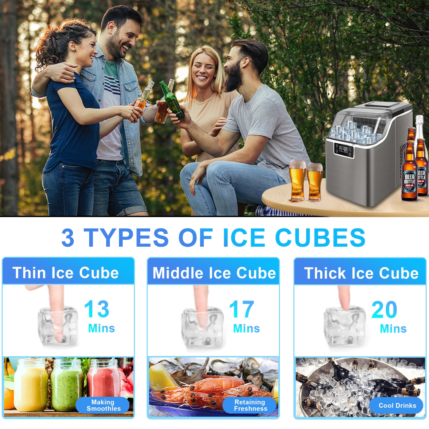 Countertop Ice Maker, HSUNNS Stainless Ice Makers Portable Countertop, Square Cube Electric Ice Maker, 45 lbs Ice in 24h | 24 Ice Cubes in 13 Mins | with LED Display | Basket | Ice Scoop